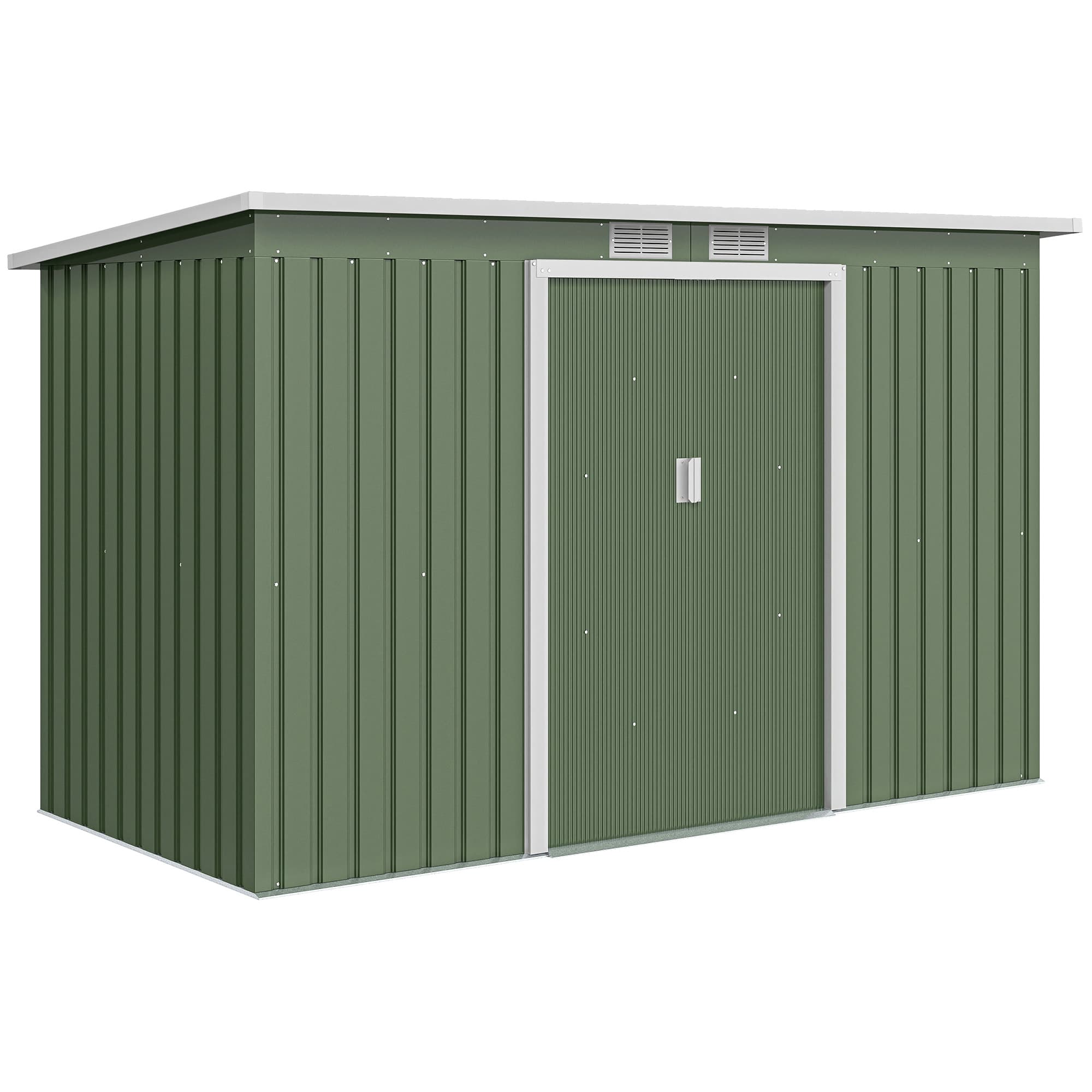 Outsunny 9 x 4.5 ft Pent Roof Metal Garden Storage Shed Corrugated Steel Tool Box with Foundation Ventilation & Doors, Light Green | Aosom UK