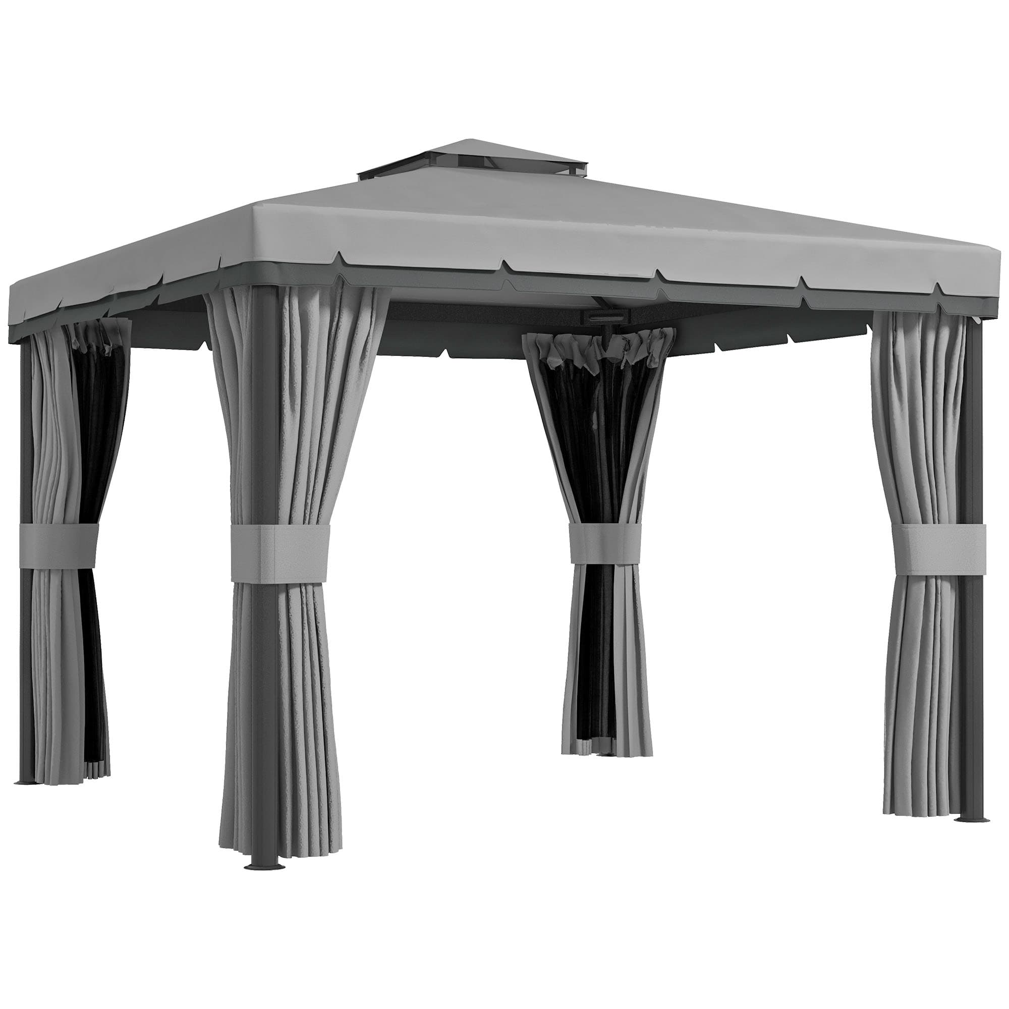 Outsunny 3 x 3m Outdoor Shelter, Garden Pavilion with 2 Tier Roof, Netting and Curtains, Light Grey | Aosom UK