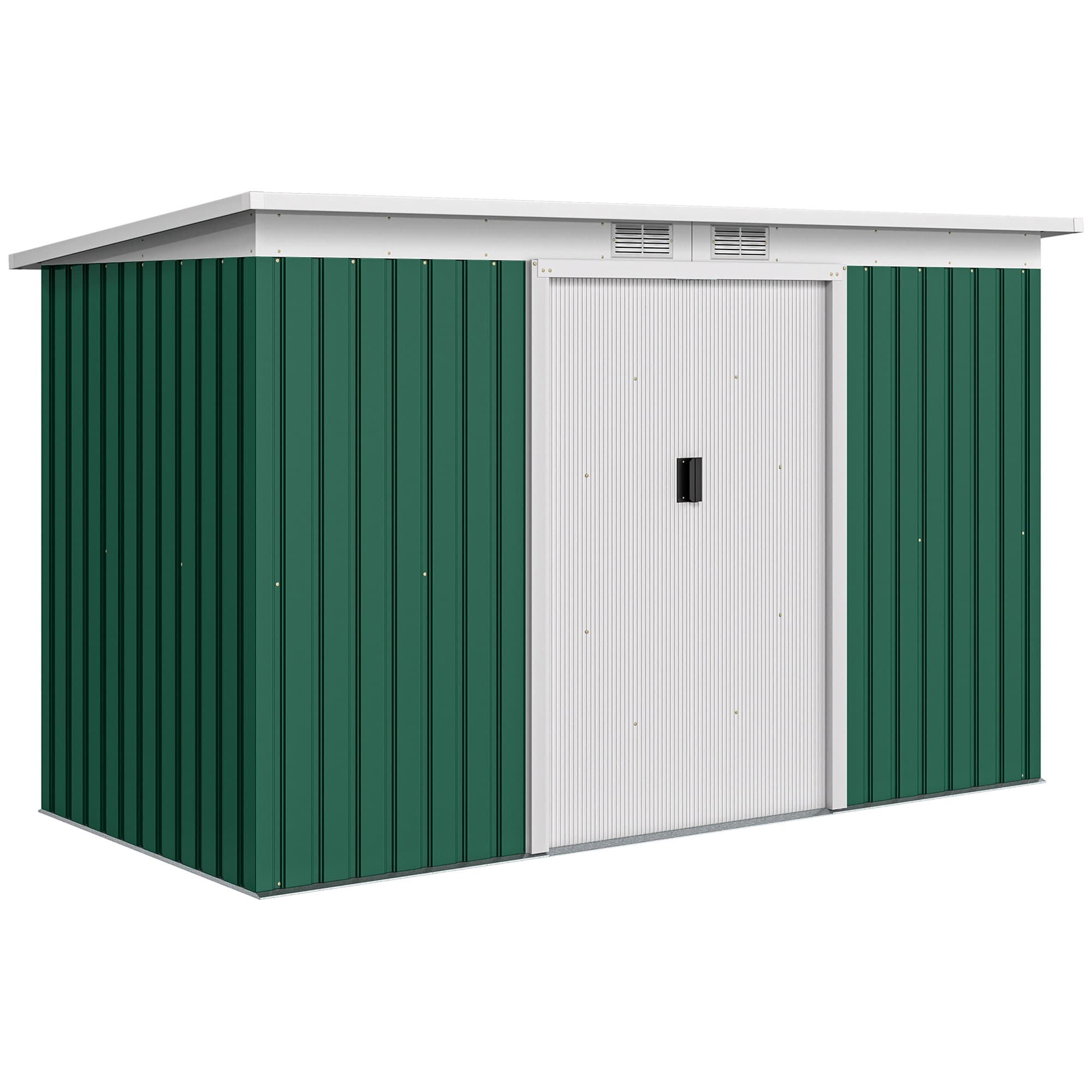 Outsunny 9ft x 4.25ft Corrugated Garden Metal Storage Shed Outdoor Equipment Tool Box with Foundation Ventilation & Doors Deep Green | Aosom UK