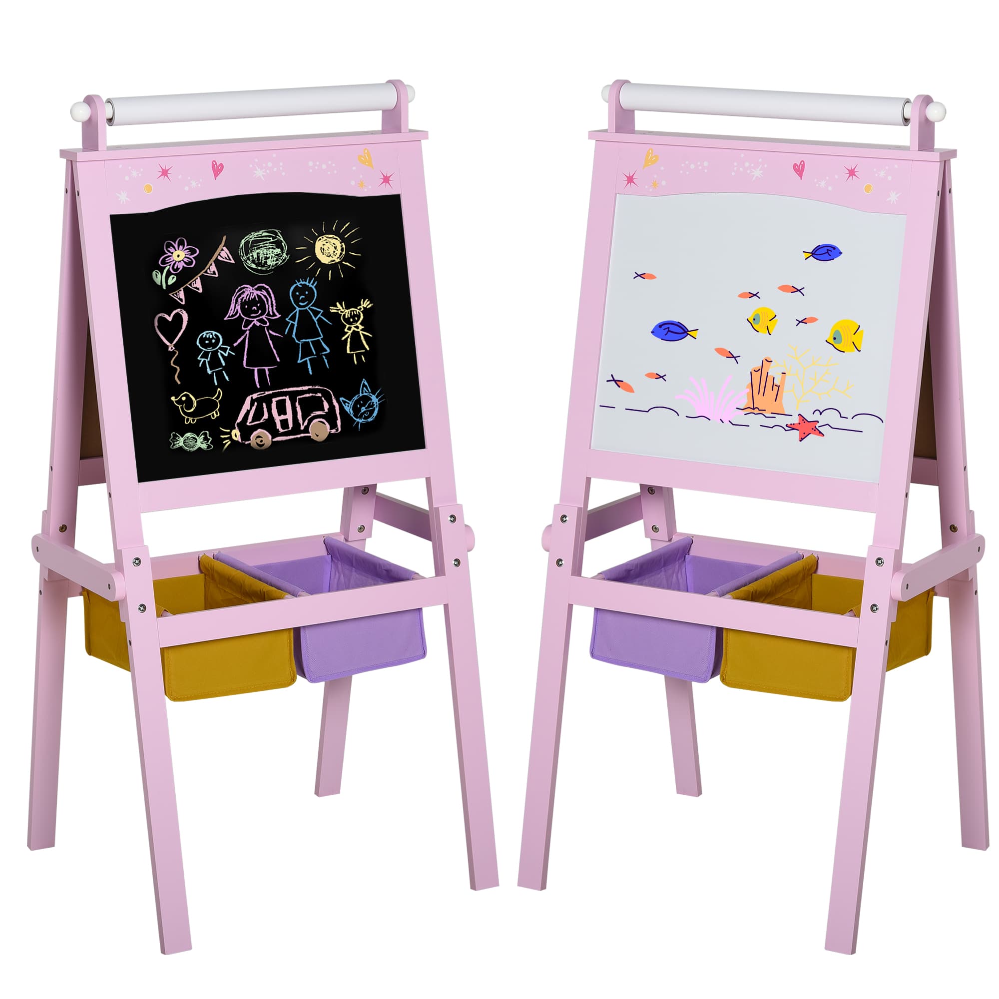 HOMCOM 3 In 1 Kids Wooden Art Easel w/ Paper Roll Double-Sided Chalkboard & Whiteboard w/ Storage Baskets Gift for Kidsl Age 3 Years+ Pink | Aosom UK