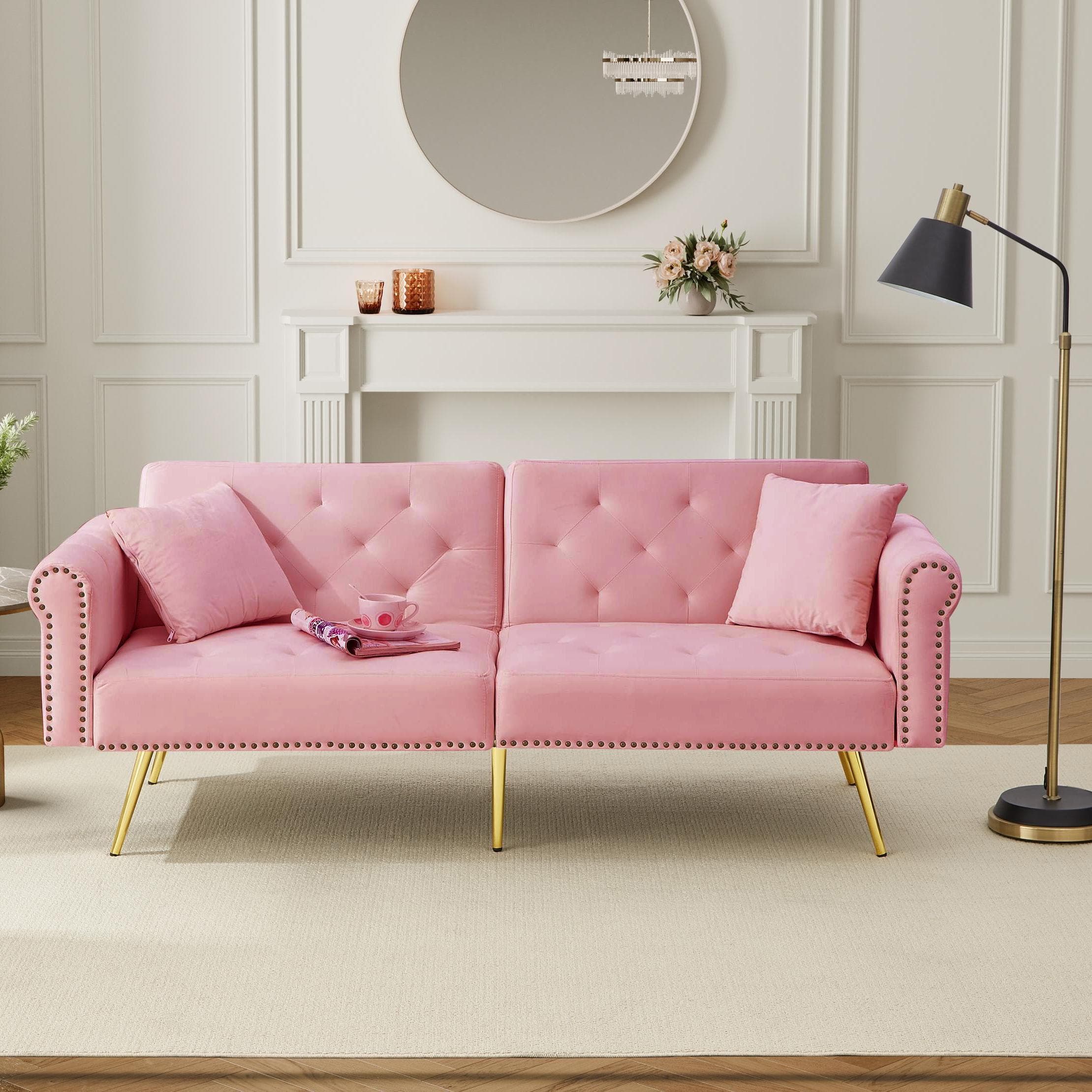 2-Seater Modern Sofa Bed with Velvet Upholstery and Adjustable Backrests, Daybed Perfect for Living Room, 177L x 74W x 71H cm, Pink | Aosom UK