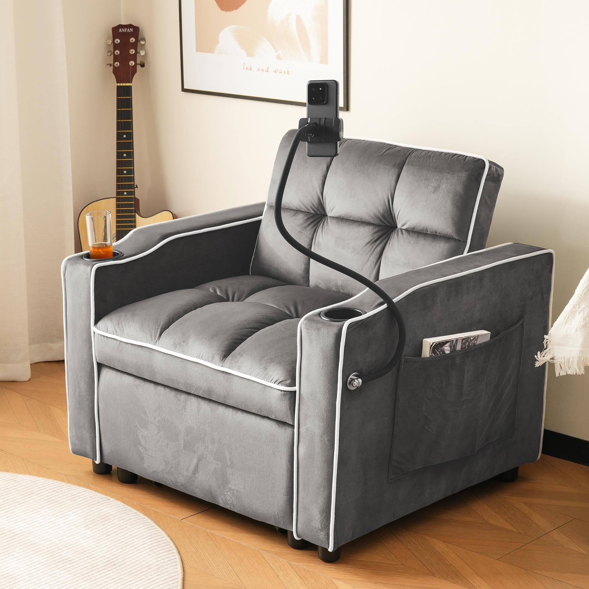3-in-1 Expandable Single Sofa Bed with 2 Drink Holders and Phone Holder, Recliner chair for Apartment, 83L x 167W x 76H cm, Dark Gray | Aosom UK