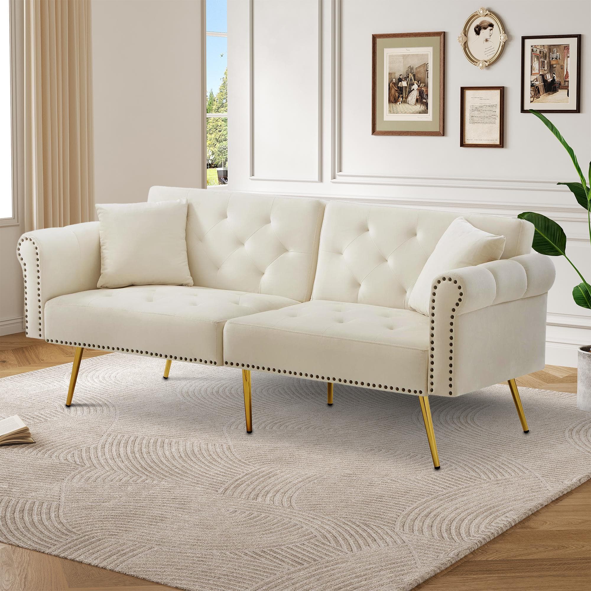 2-Seater Modern Sofa Bed with Independent Backrests, Gold-Plated Metal Feet, Velvet Couch for Living Room, 177L x 74W x 71H cm, White | Aosom UK