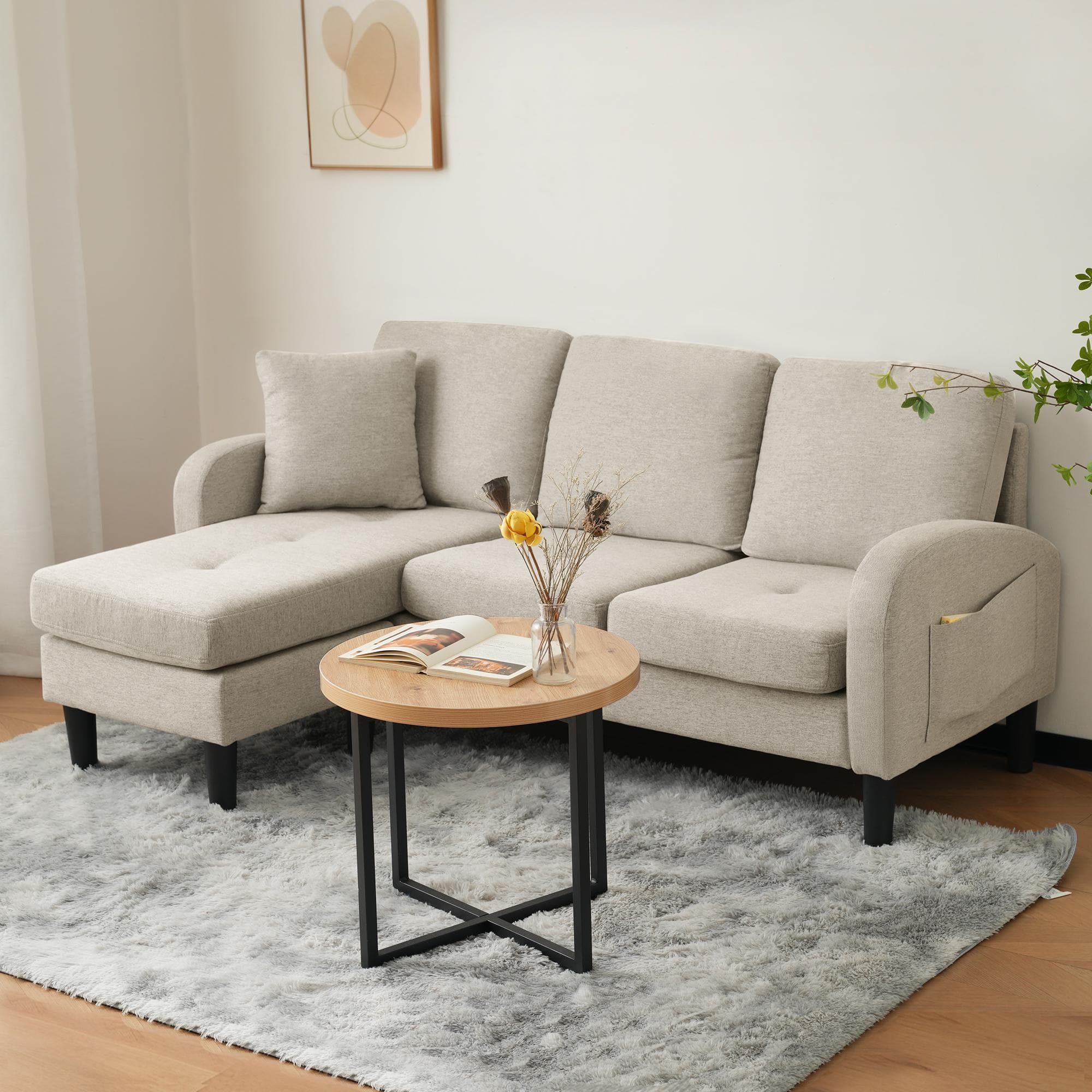 3-Seater L-shaped Corner Sofa with Reversible Chaise Lounge, Extra Cushion, Compact Couch for Apartment, 116L x 118W x 82H cm, Beige+Grey | Aosom UK