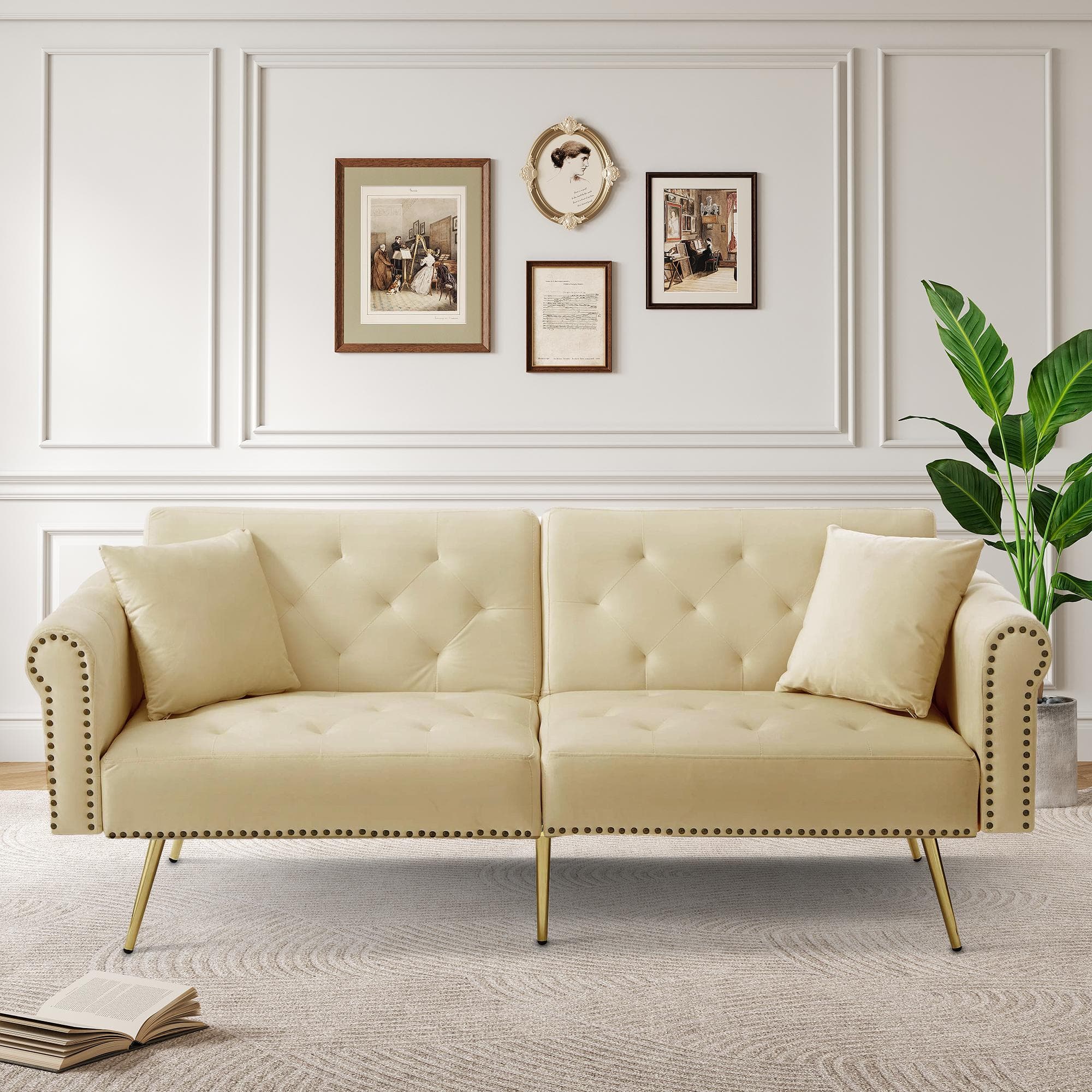 2-Seater Modern Sofa Bed with Velvet Upholstery and Adjustable Backrests, Daybed Perfect for Living Room, 177L x 74W x 71H cm, Beige | Aosom UK