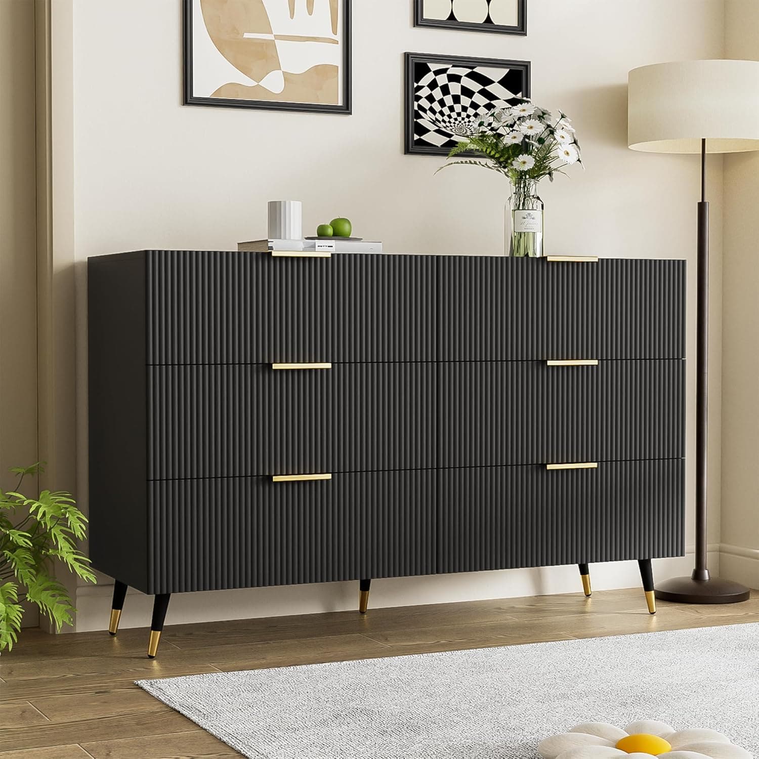 6-Drawer Sideboard with Wave-Textured Front, Metal Handles, Minimalist Buffet Storage for Living Room, 120x40x77 cm, Black/Gold | Aosom UK