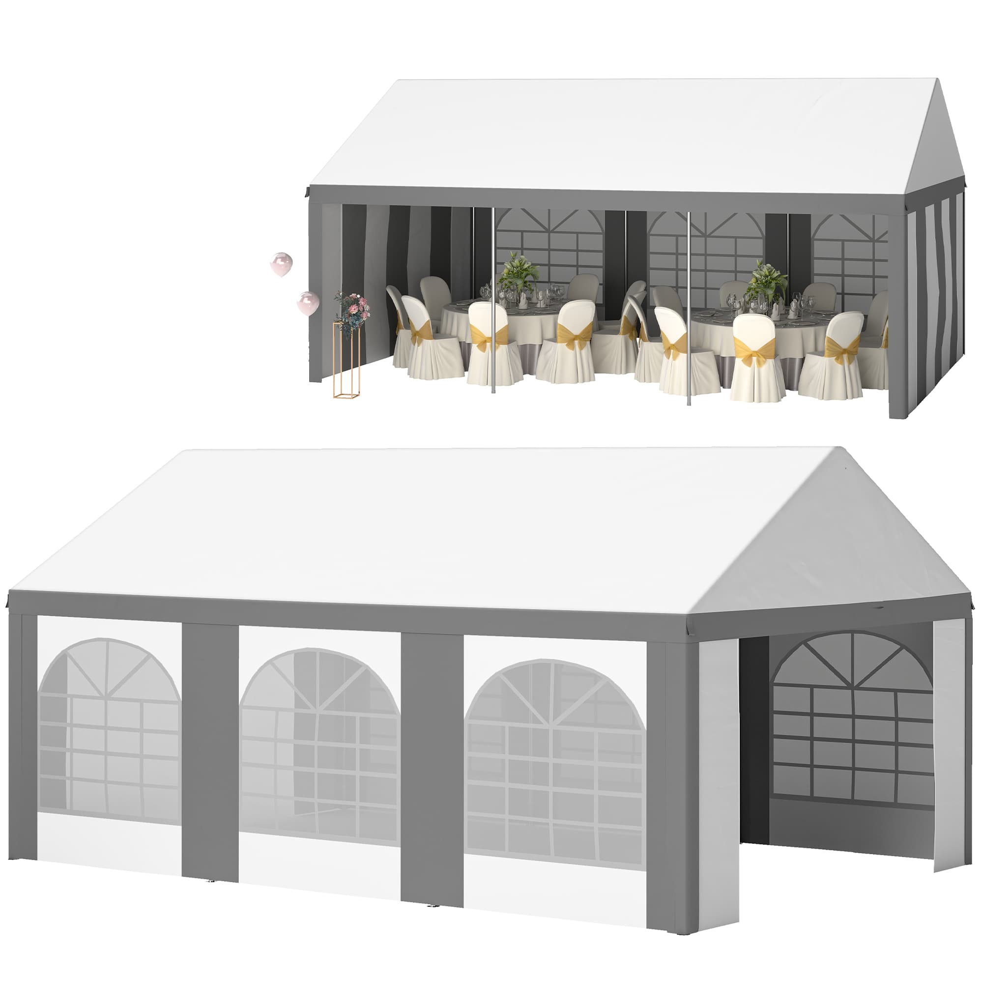 Outsunny 6 x 4m Galvanised Party Tent, Marquee Gazebo with Sides, Six Windows and Double Doors, for Parties, Wedding and Events, White and Grey