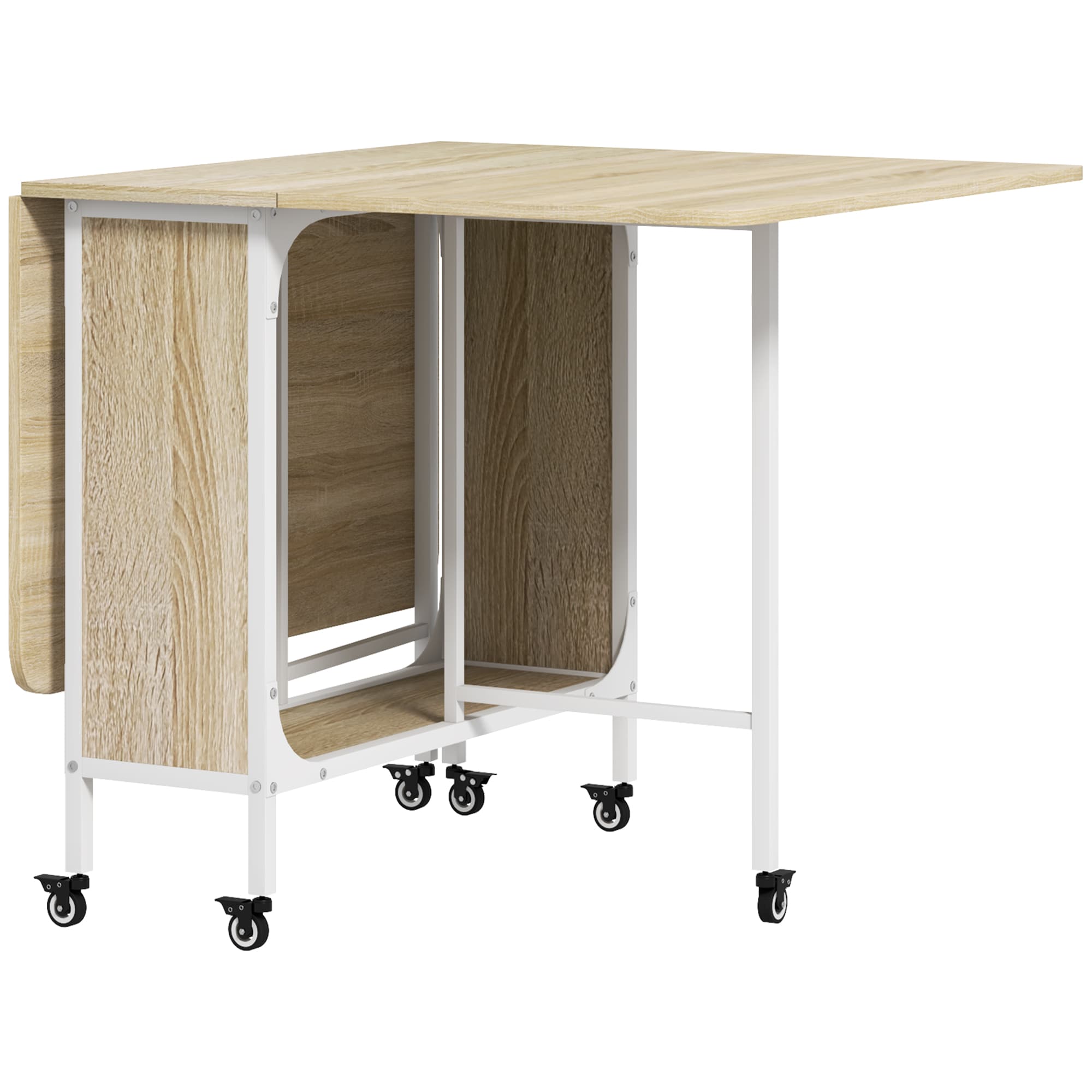 HOMCOM Folding Kitchen Table w/ 6 Wheels and Storage Shelf, Mobile Drop Leaf Dining Table for Small Spaces, Folding Wood Tables, Natural | Aosom UK