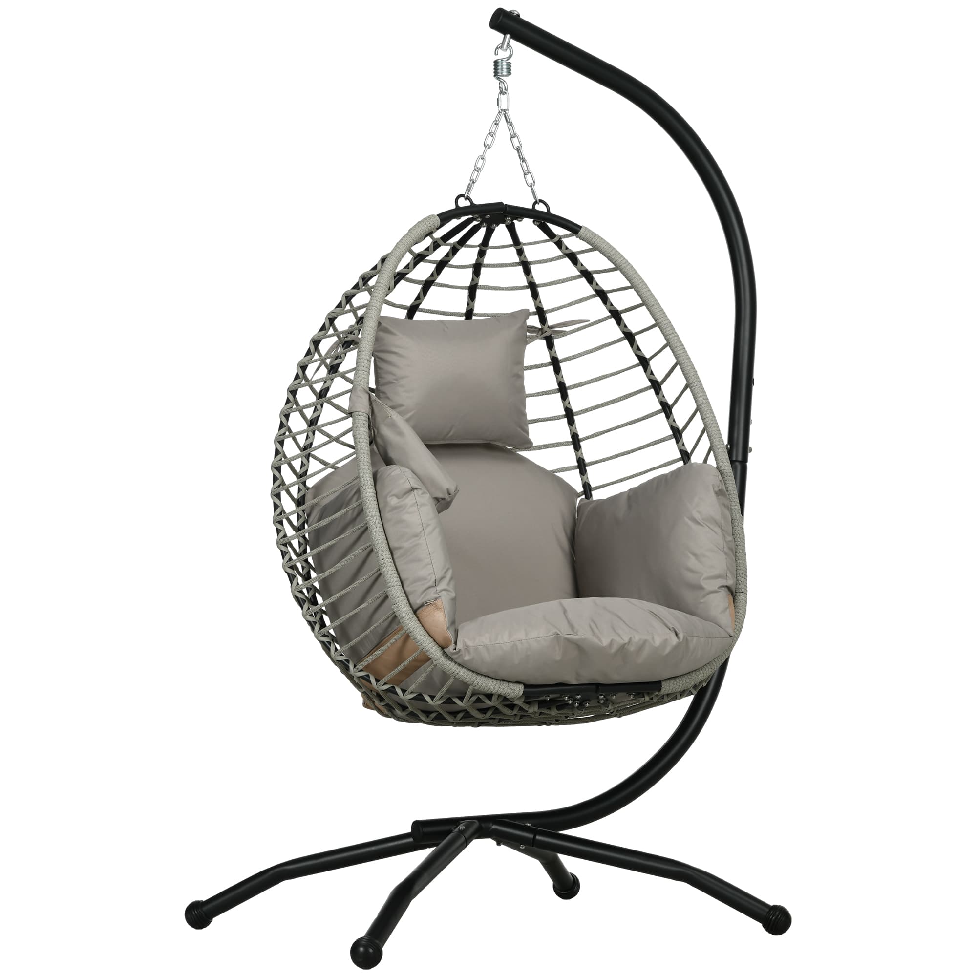 Outsunny Outdoor Swing Chair with Thick Padded Cushion, Patio Hanging Chair with Metal Stand, Foldable Basket, Cup Holder, Rope Structure