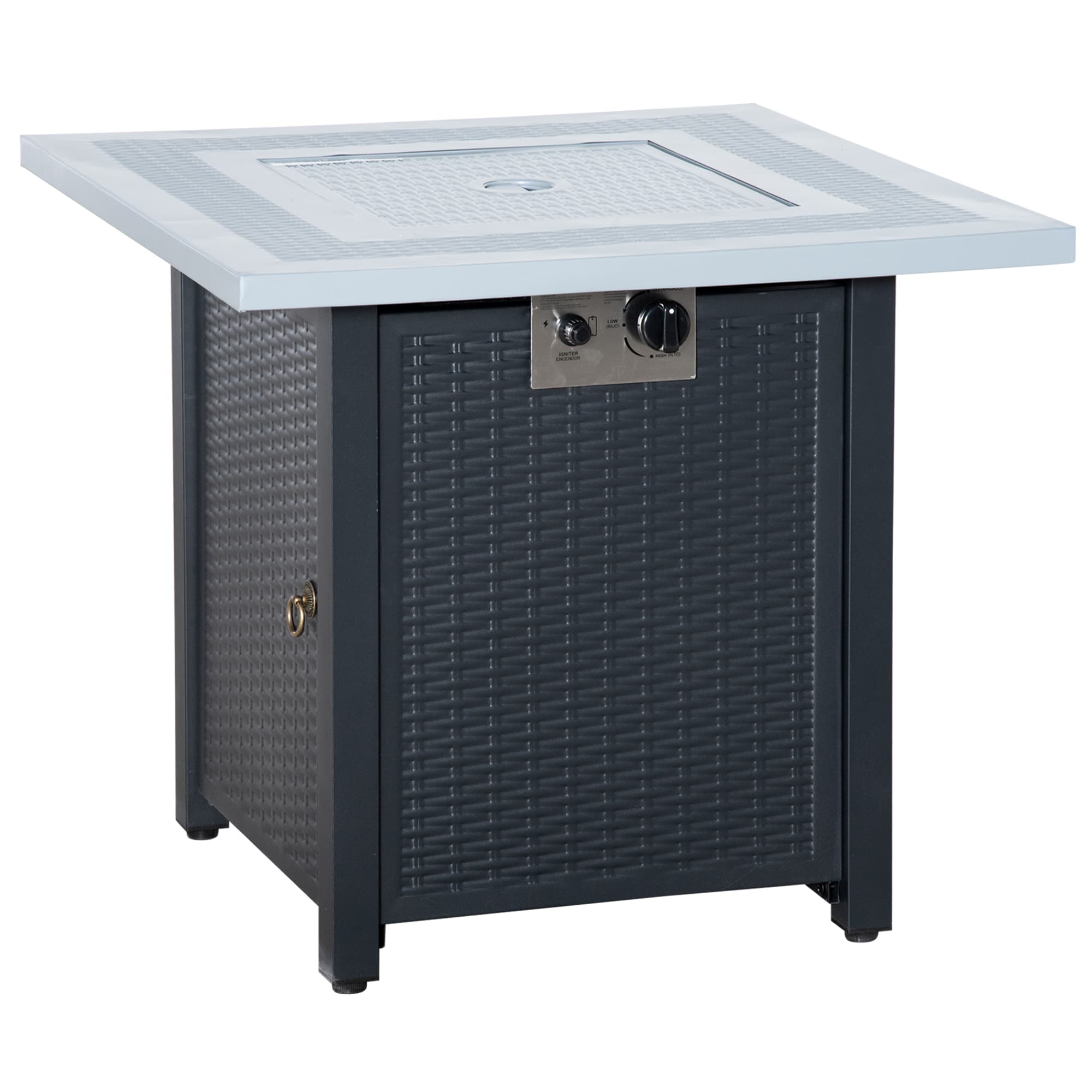 Outsunny Square Propane Gas Fire Pit Table, 40000 BTU Rattan Smokeless Firepit Patio Heater w/ Lava Rocks & Lid, 71cm x 71cm x 62cm, Black | Aosom UK