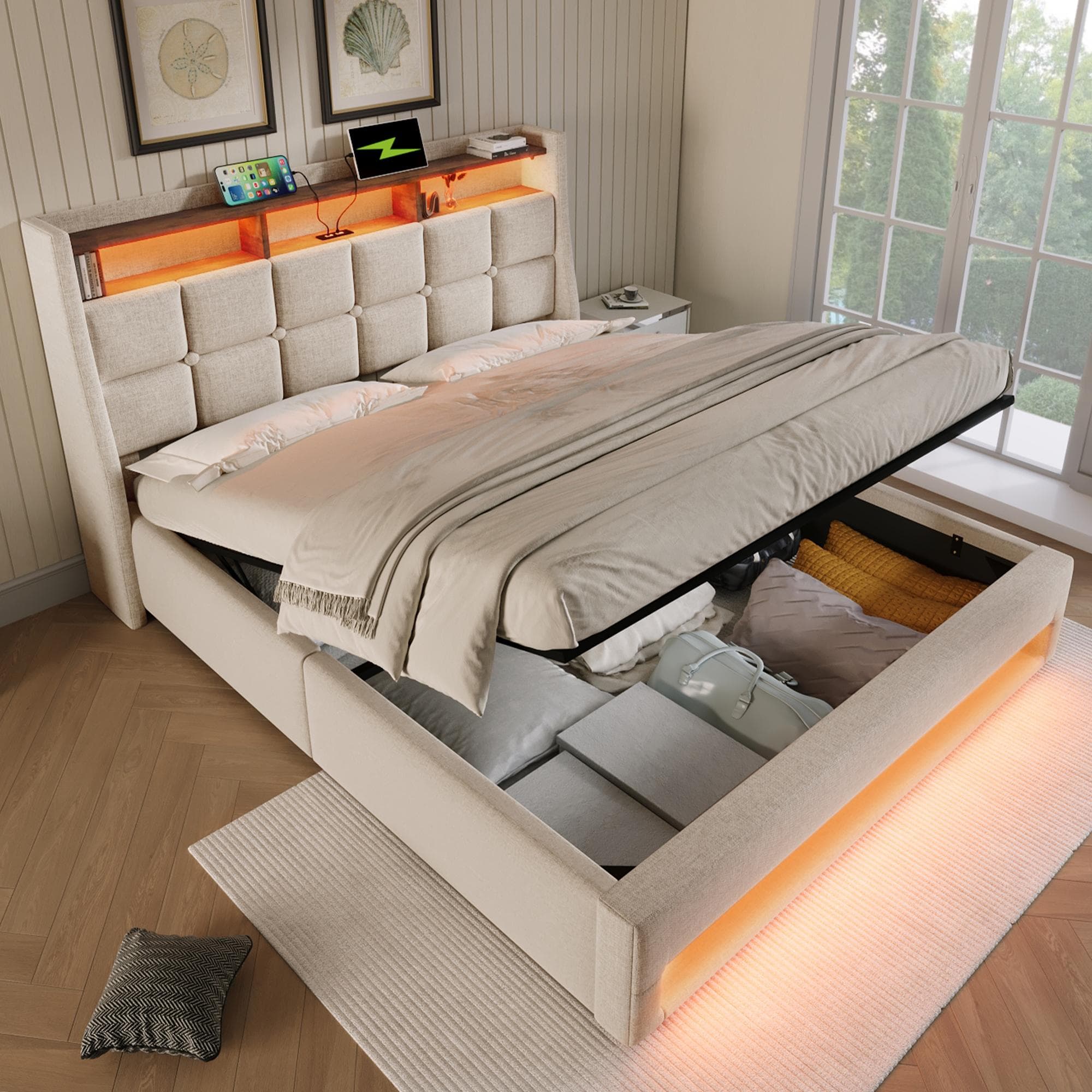 Upholstered Double Bed with LED Lighting and USB‑C Charging Station, Bed Frame with Padded Headboard, 200L x 140W x 117H cm, Beige | Aosom UK