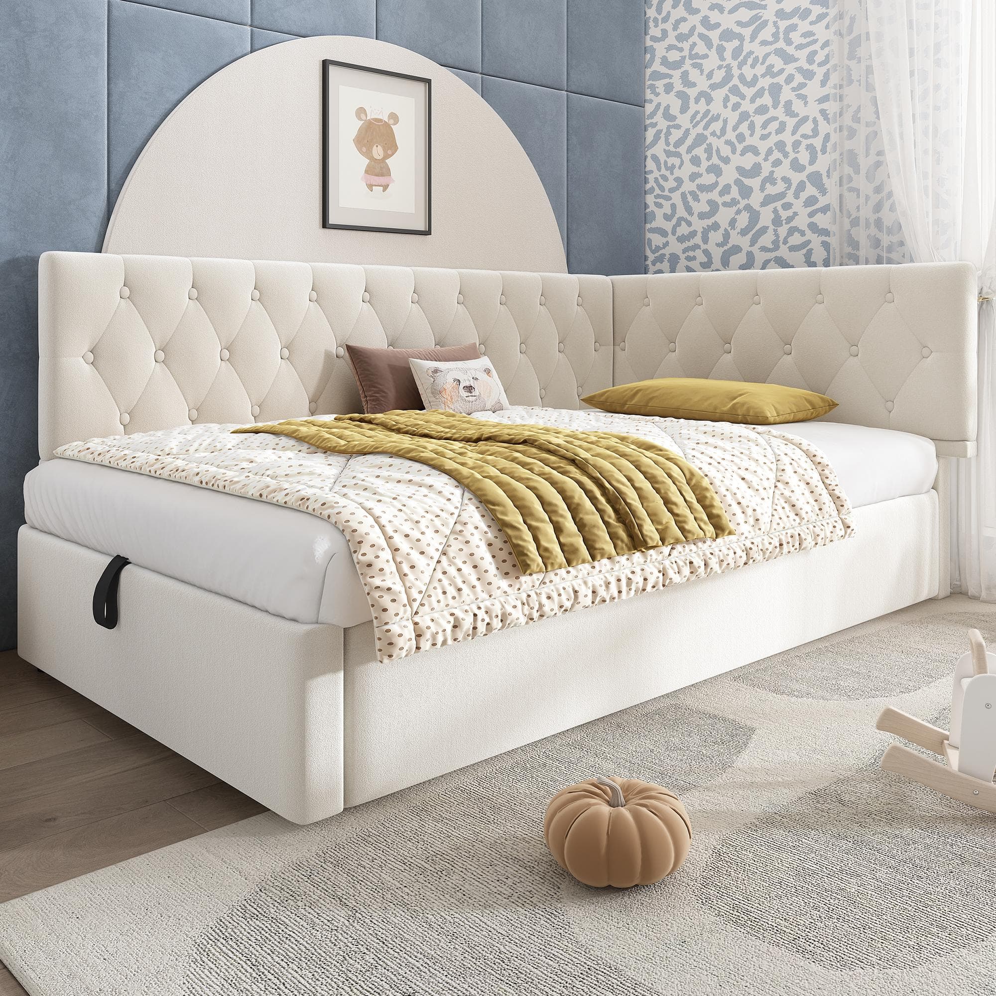 Daybed Upholstered Single Sofa Bed with Hydraulic Ottoman Storage, Bed Frame with Reversible Headboard, 196L x 100W x 77H cm, Beige | Aosom UK