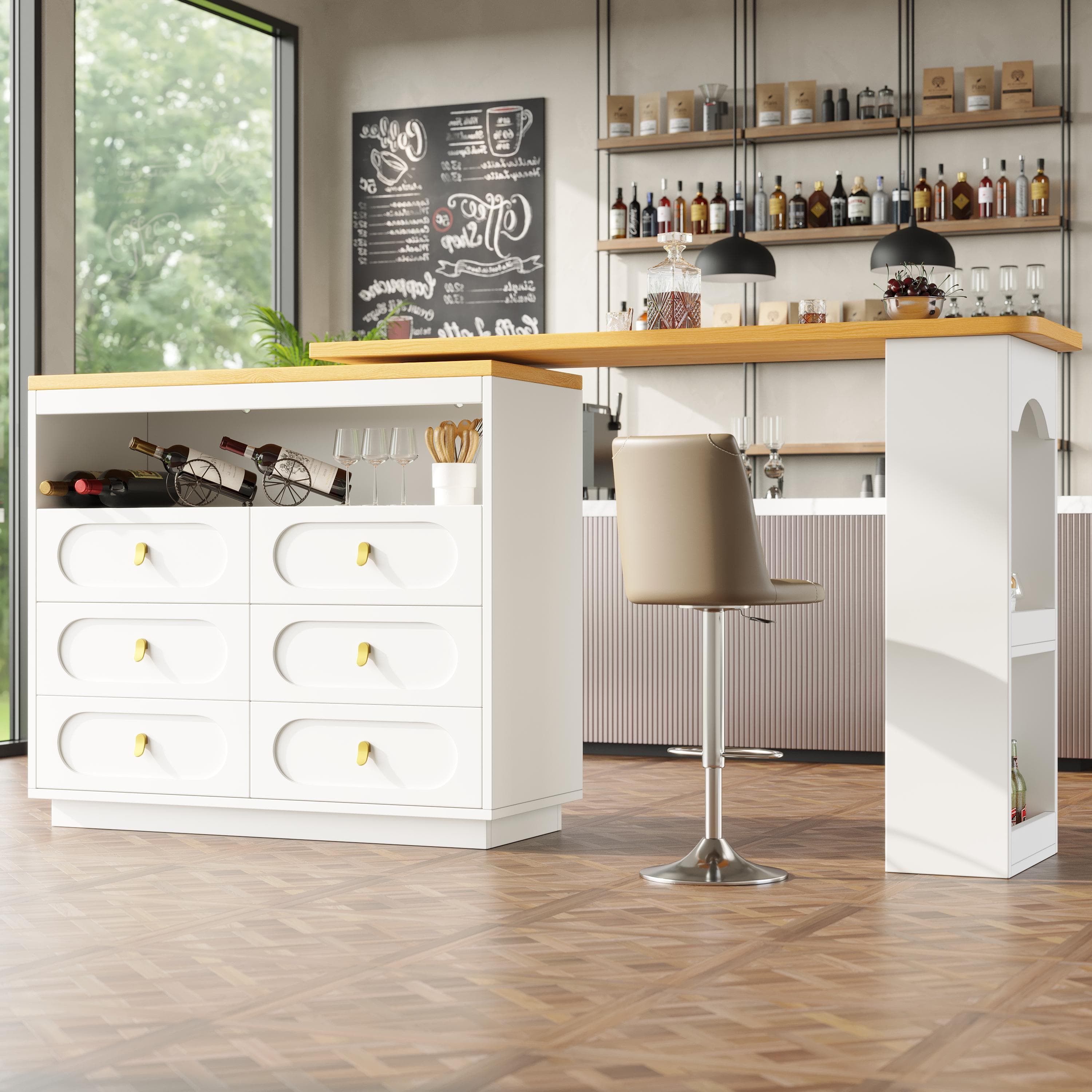 360° Rotating Kitchen Island, Side Table, Double Spice Rack, 6 Drawers Storage Bar Cart, Space-Saving, 137x39x90 cm, White | Aosom UK