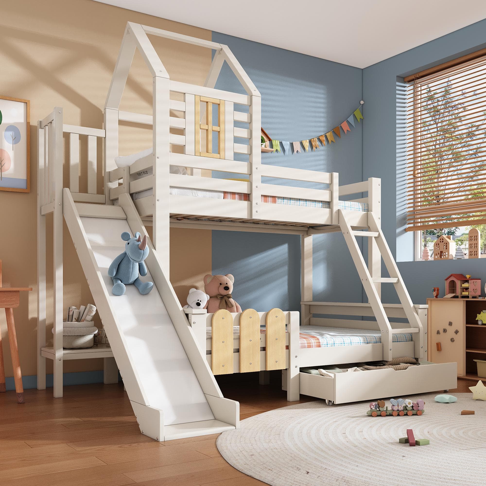 3-in-1 Cabin-style Bunk Bed with Slide and Storage Drawer, Solid Wood and MDF Frame, Durable Sleeper for Kids, 240L x 189W x 230H cm, White | Aosom UK