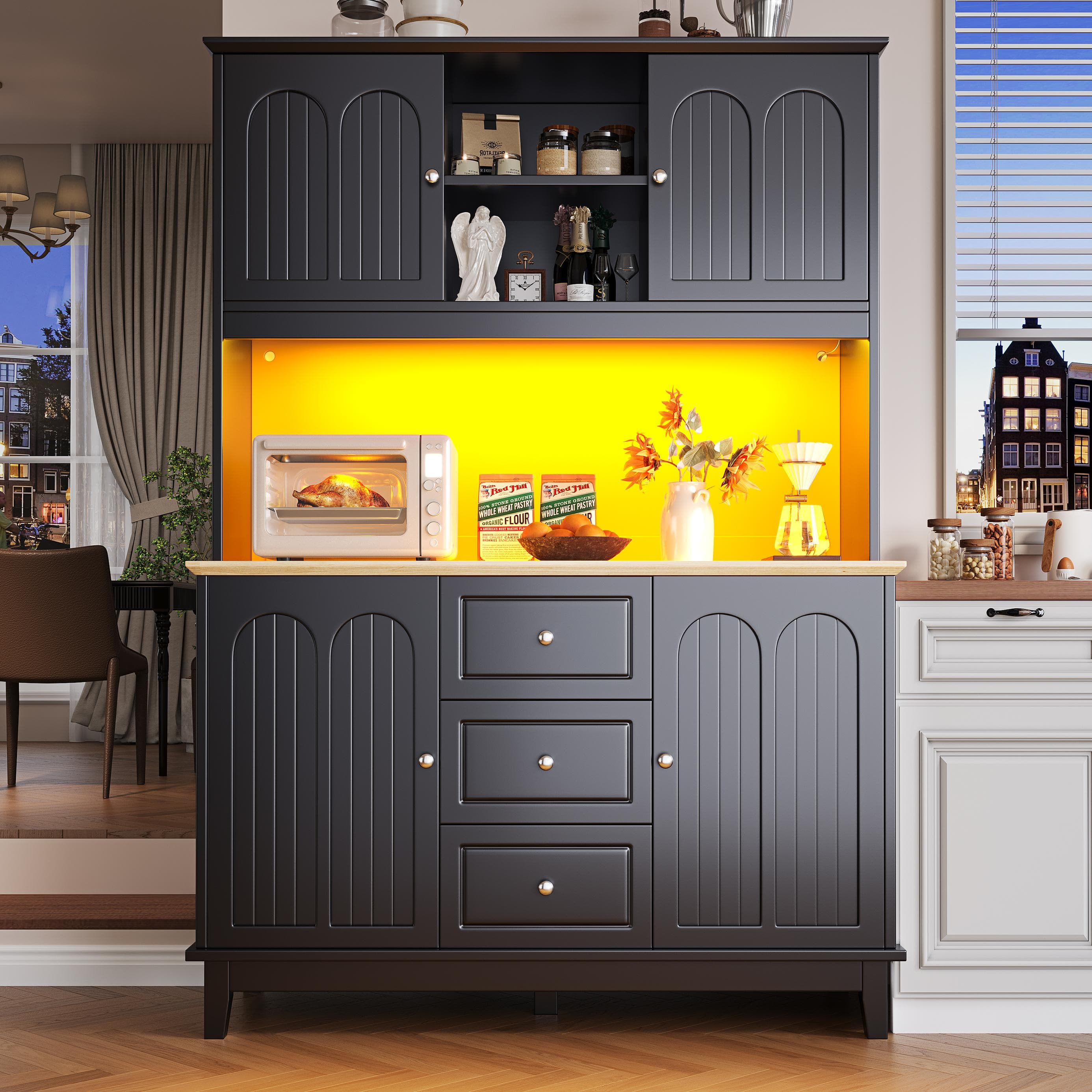 Tall Kitchen Sideboard Cabinet with App-Controlled Changing LED Lighting, Cupboard with Open Display Shelf, 120L x 40W x 180H cm, Black | Aosom UK
