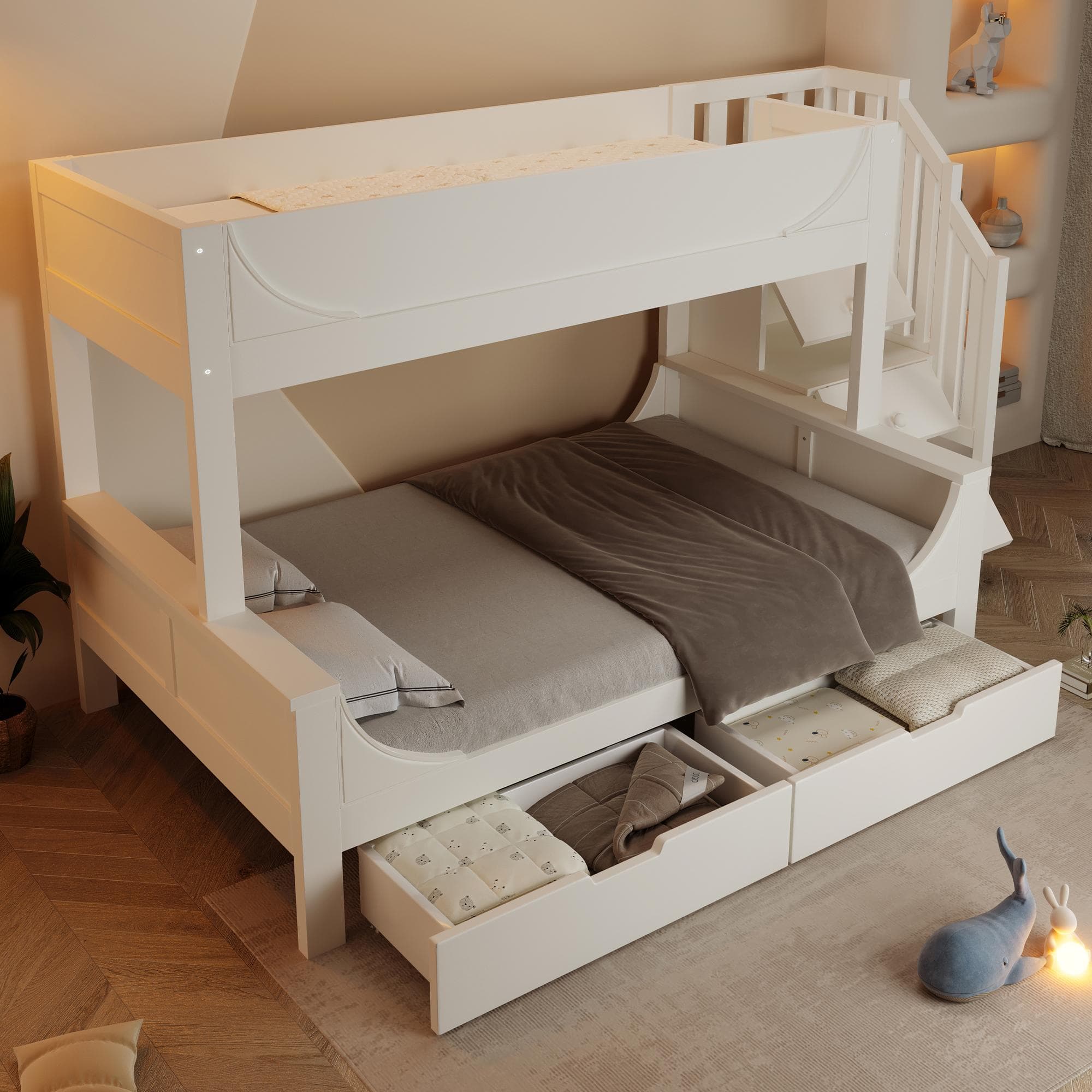Children's Bunk Bed with Under-bed Pull-out Drawer, Ladder Cabinet Storage, Staircase Sleeper for Living Room, 246L x 141W x 150H cm, White | Aosom UK