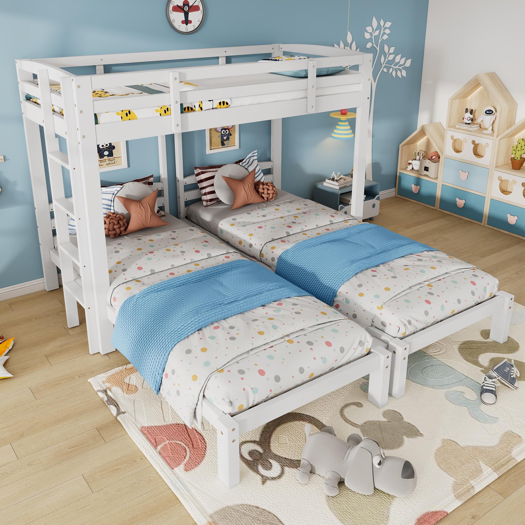 Triple Bunk Bed Space-Saving SleeperSide with Ladder and Bedside Storage, Bed Frame with Safety Rails, 204L x 198W x 162.5H cm, White | Aosom UK