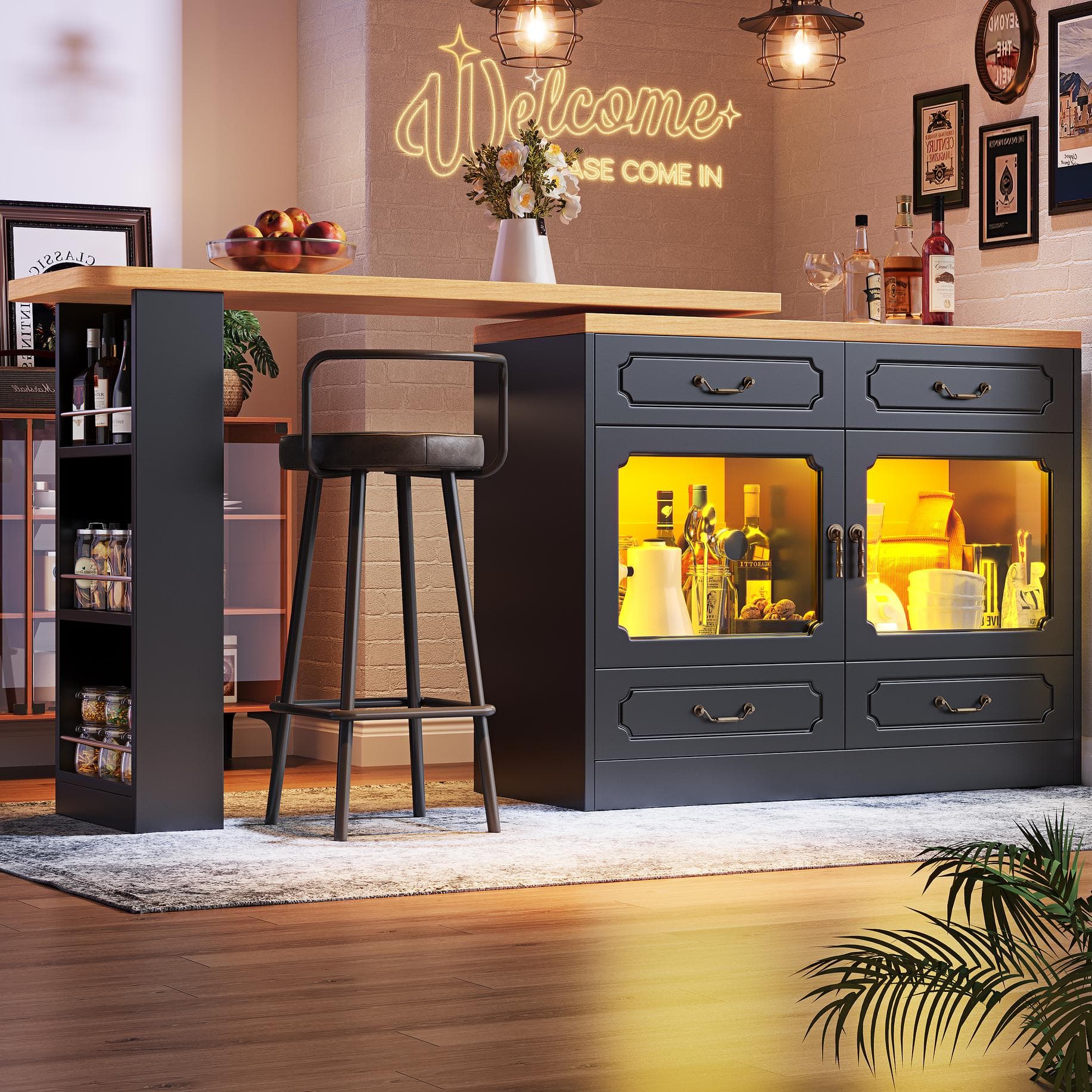 360° Rotating Bar Table with Rotatable Side and Spice Rack, Extendable Kitchen Island with 4 Drawers, 135-203L x 39W x 93H cm, Black | Aosom UK