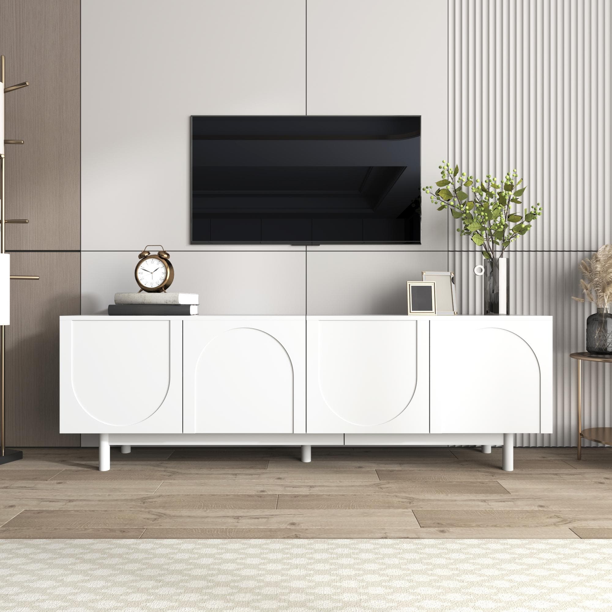 Modern Lowboard TV Cabinet with Push-to-Open Doors and Adjustable Shelves, Durable TV Stand for Living Room, 175L x 38W x 56H cm, White | Aosom UK