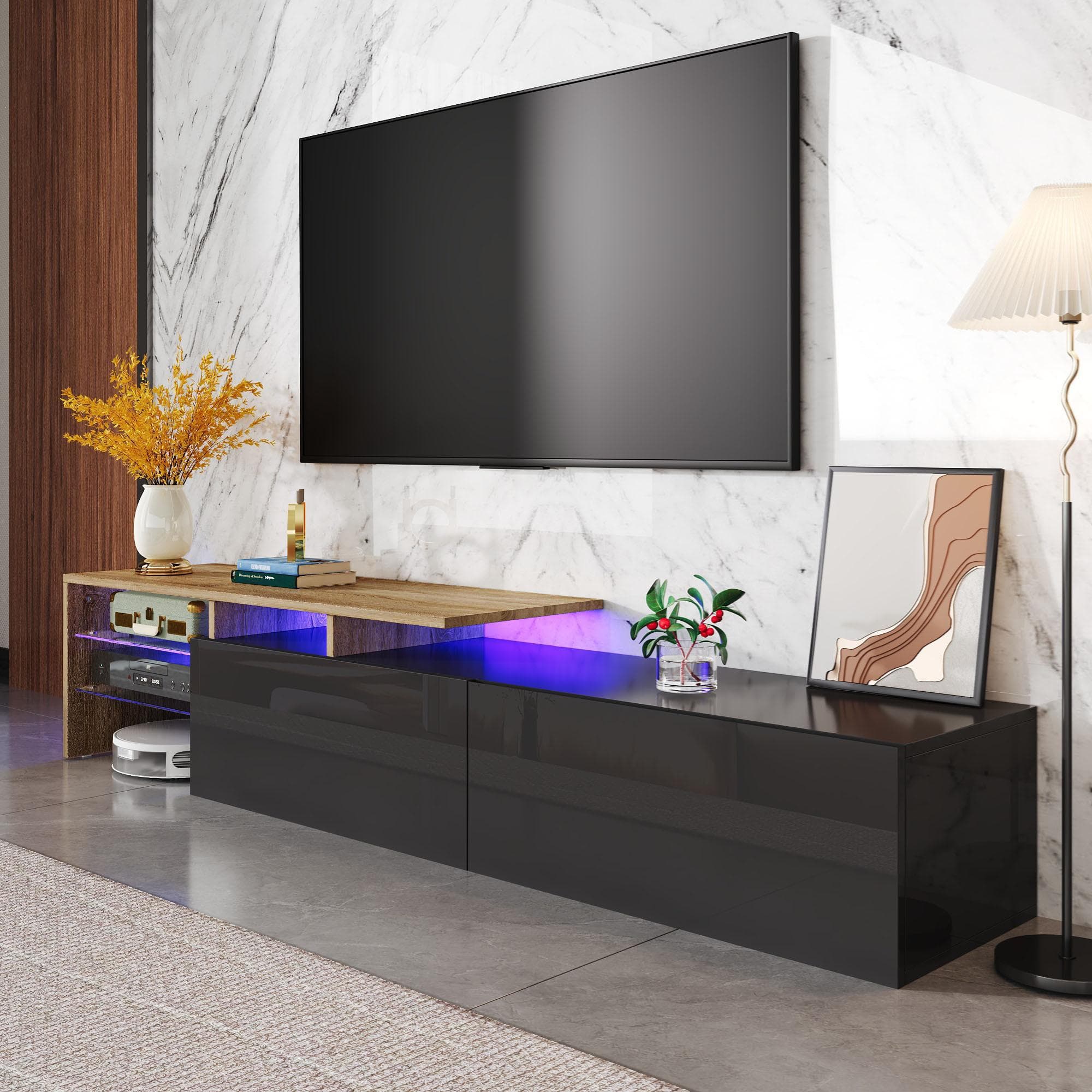 Modern TV Cabinet with LED Lighting and Storage Compartments, Durable TV Stand for Living Room, 170L x 33W x 33.5H cm, Black+Natural | Aosom UK