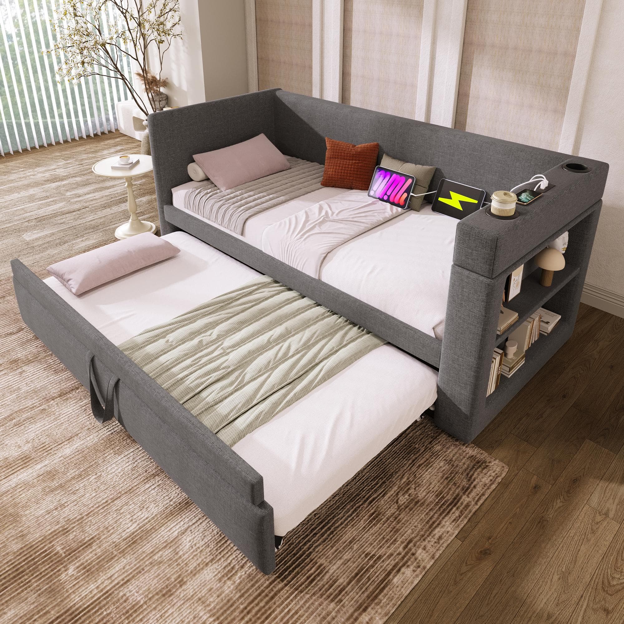 Upholstered Daybed with Pull-out Trundle and Built-in Cup Holders, Bed Frame with Armrests and Side Storage, 207L x 98W x 74H cm, Grey | Aosom UK