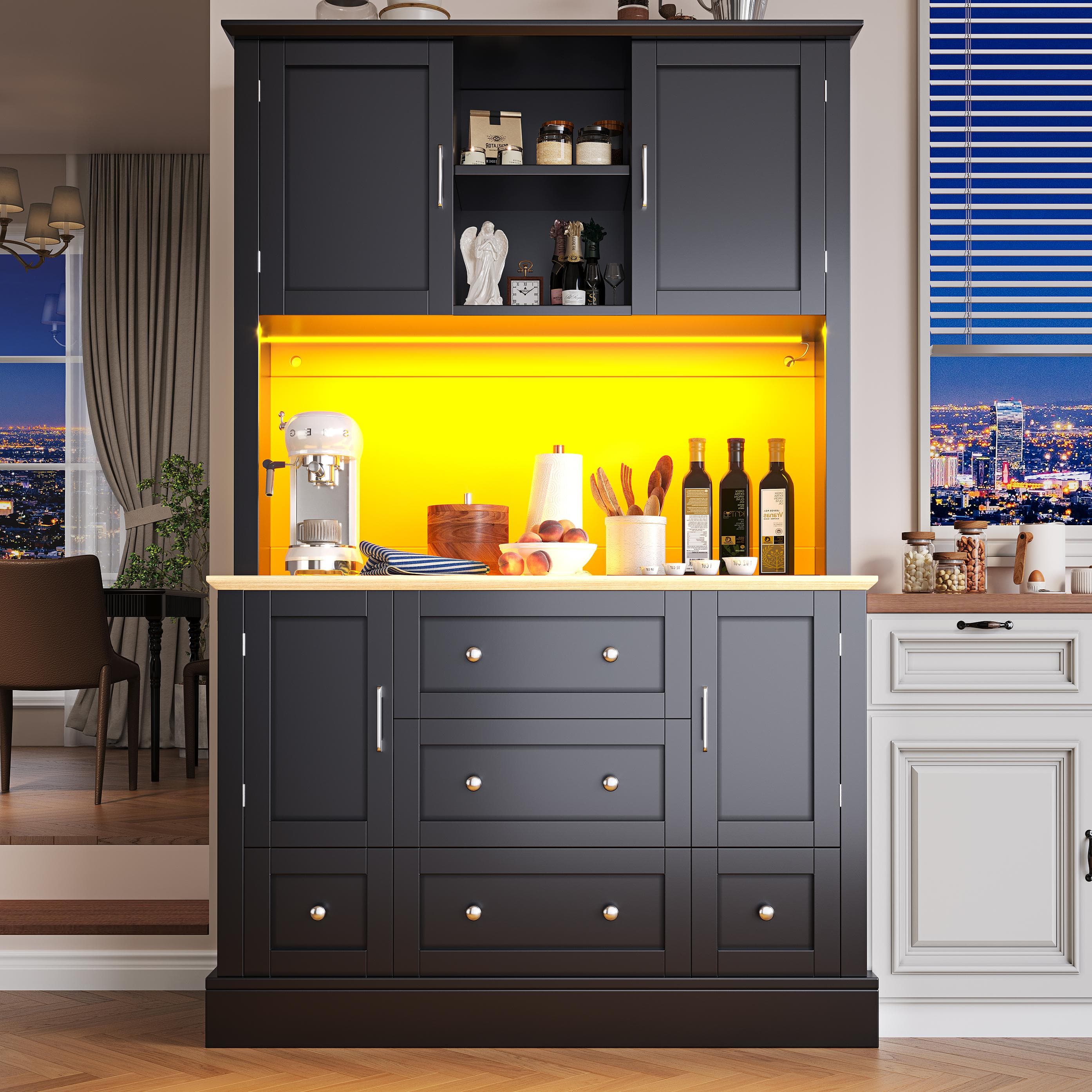 Tall Kitchen Cabinet with Open Middle Shelf and Five Drawers, Large Storage Cupboard for Dining Room, 115L x 40W x 180H cm, Black | Aosom UK