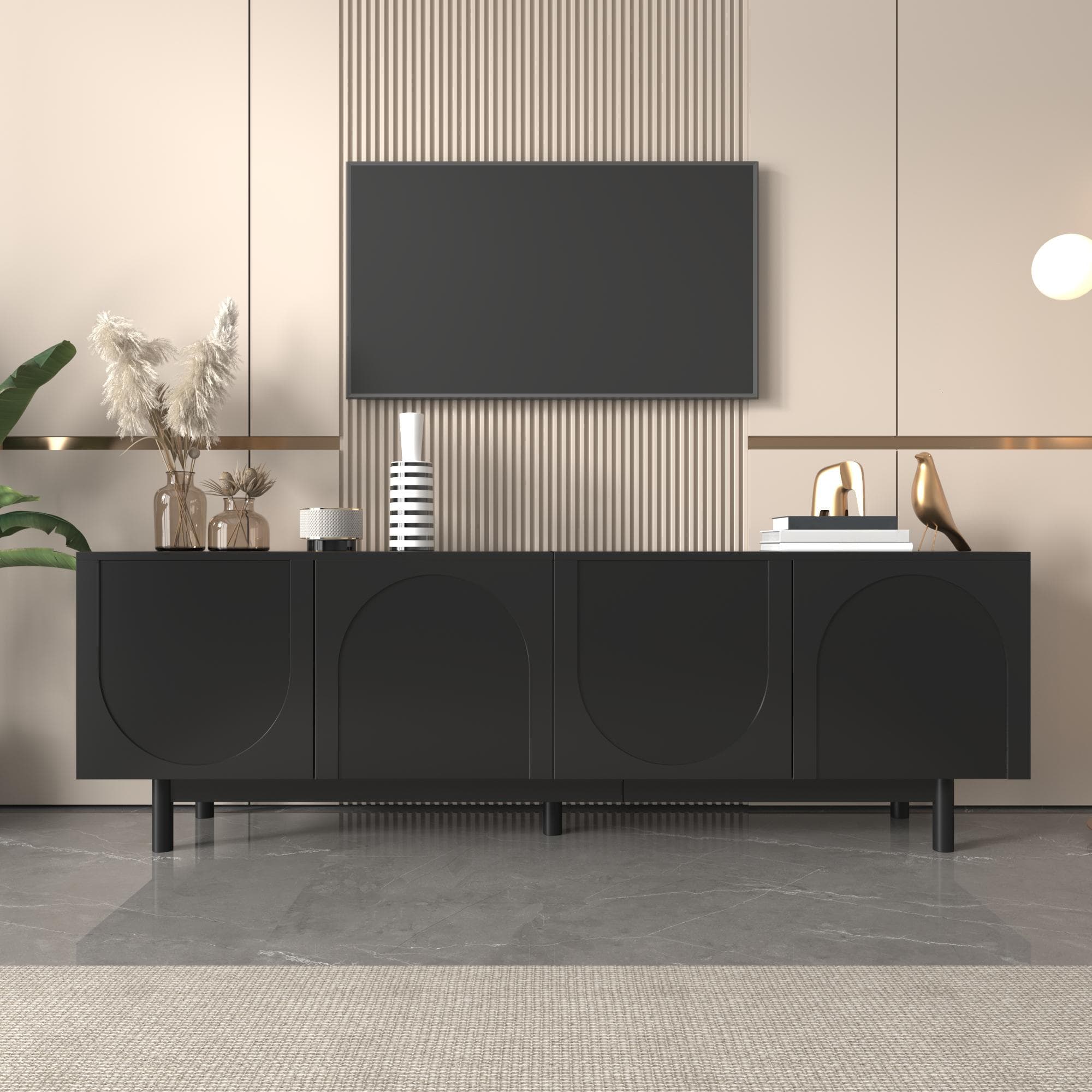 Modern Lowboard TV Cabinet with Push-to-Open Doors and Adjustable Shelves, Durable TV Stand for Living Room, 175L x 38W x 56H cm, Black | Aosom UK