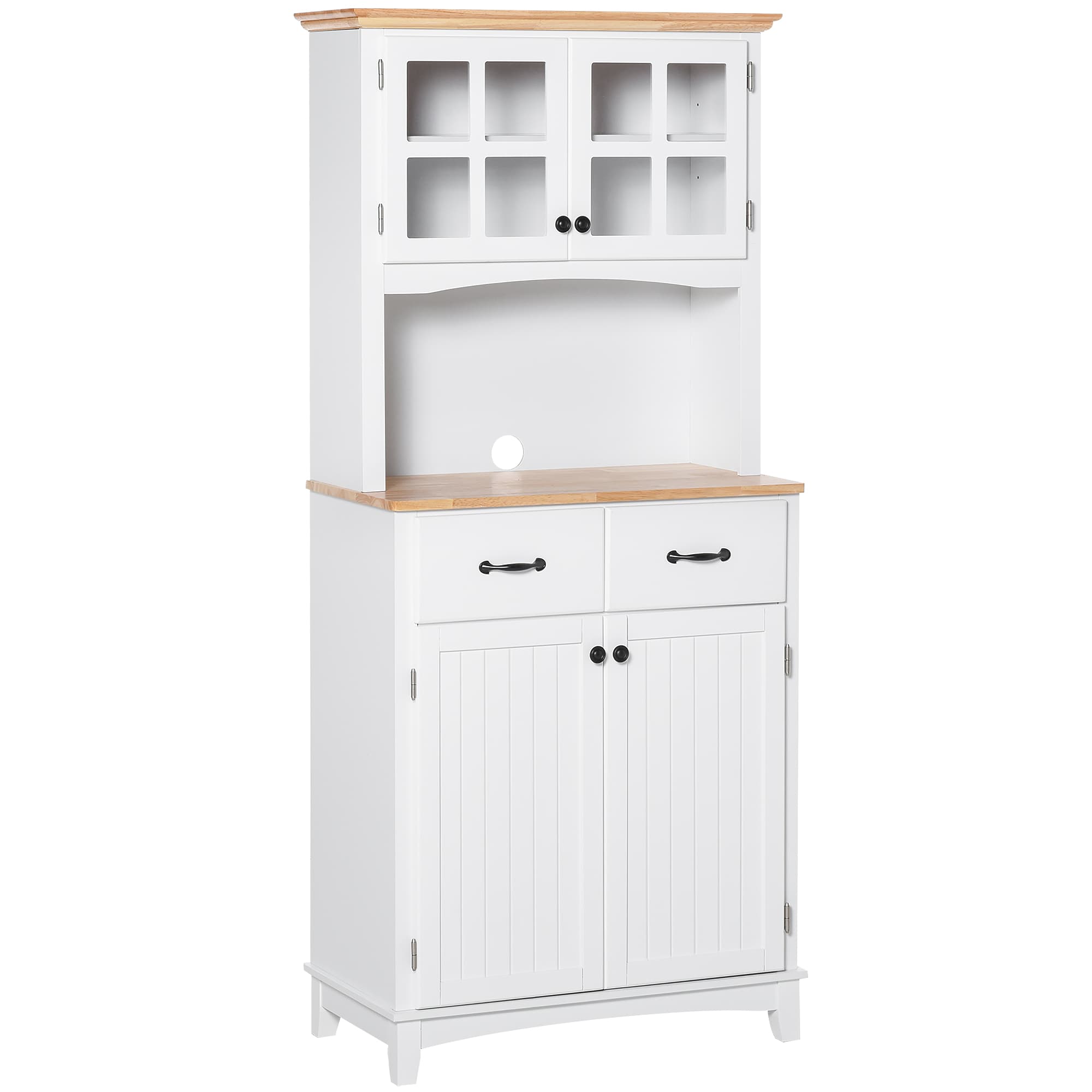 HOMCOM Freestanding Kitchen Cupboard with Glass Doors, Drawers and Microwave Shelf, White | Aosom UK