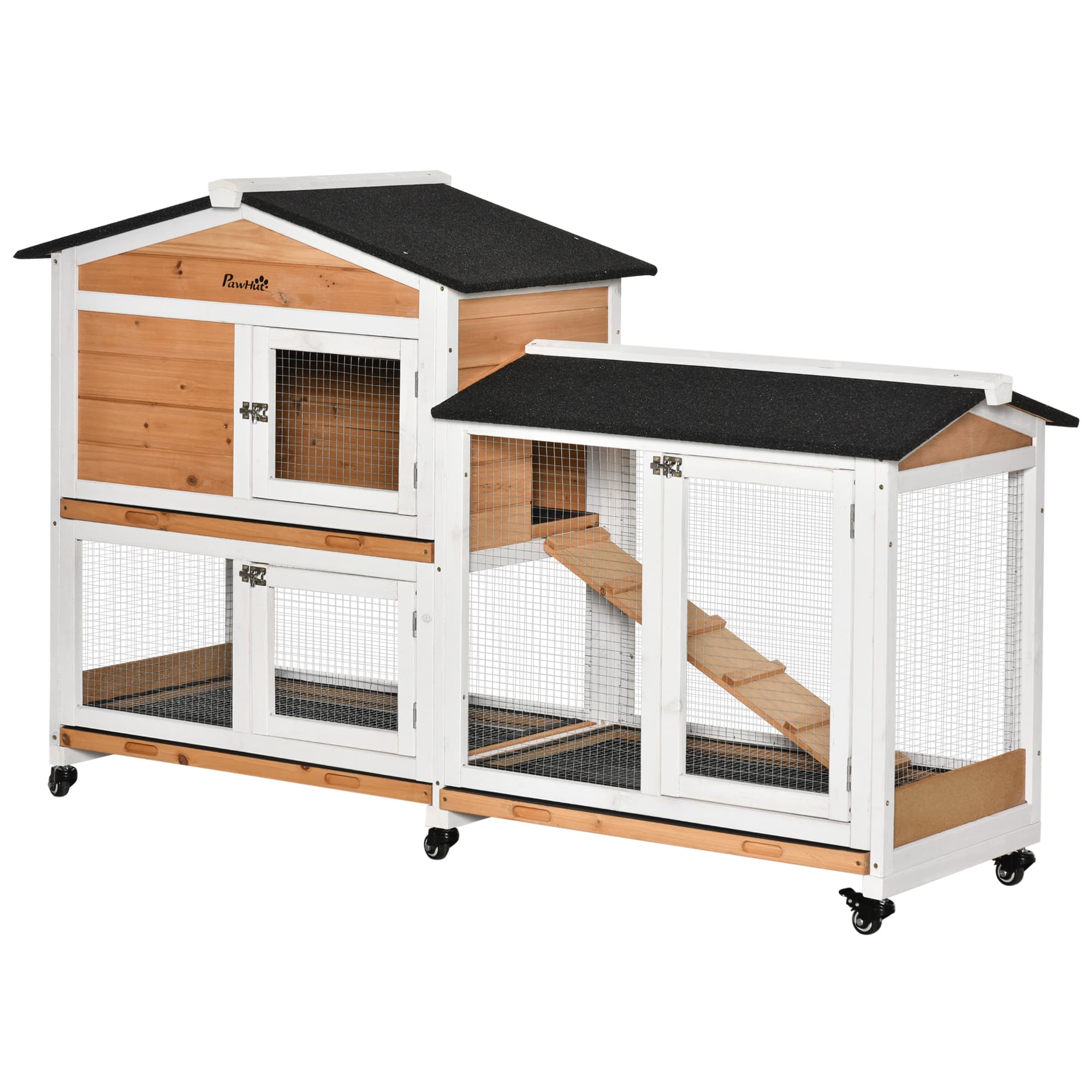 PawHut Two-Tier Wooden Rabbit Hutch Mobile Guinea Pig Cage Bunny Run w/ Wheels, Run, Slide-Out Tray, Ramp | Aosom UK