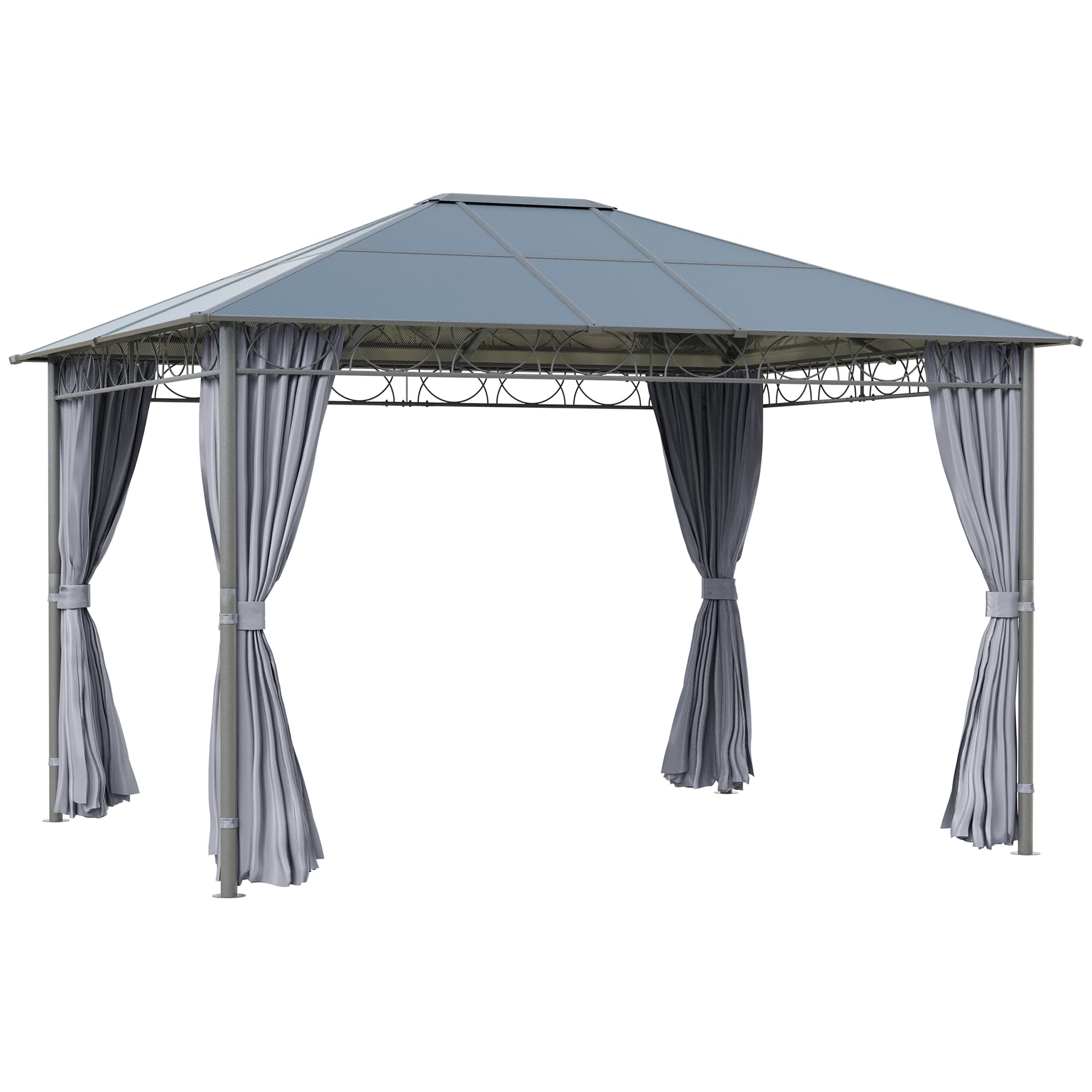 Outsunny 3.6 x 3(m) Hardtop Gazebo with UV Resistant Polycarbonate Roof, Steel & Aluminum Frame, Garden Pavilion with Curtains, Grey | Aosom UK