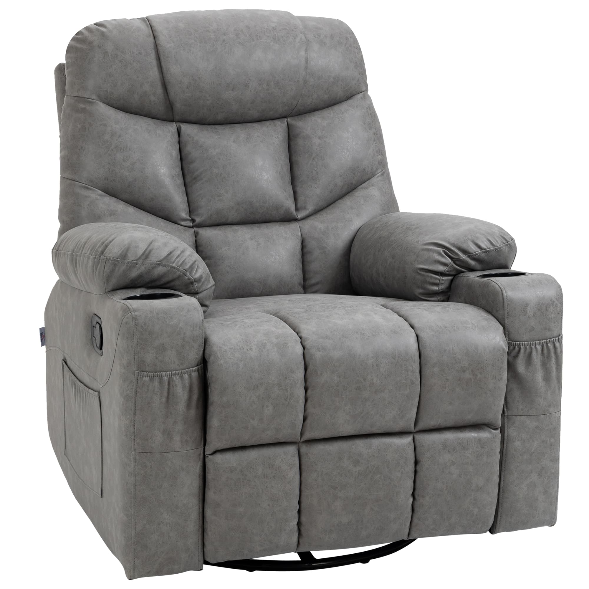 HOMCOM Manual Reclining Chair, Recliner Armchair with Faux Leather, Footrest, Cup Holders, 86x93x102cm, Grey | Aosom UK