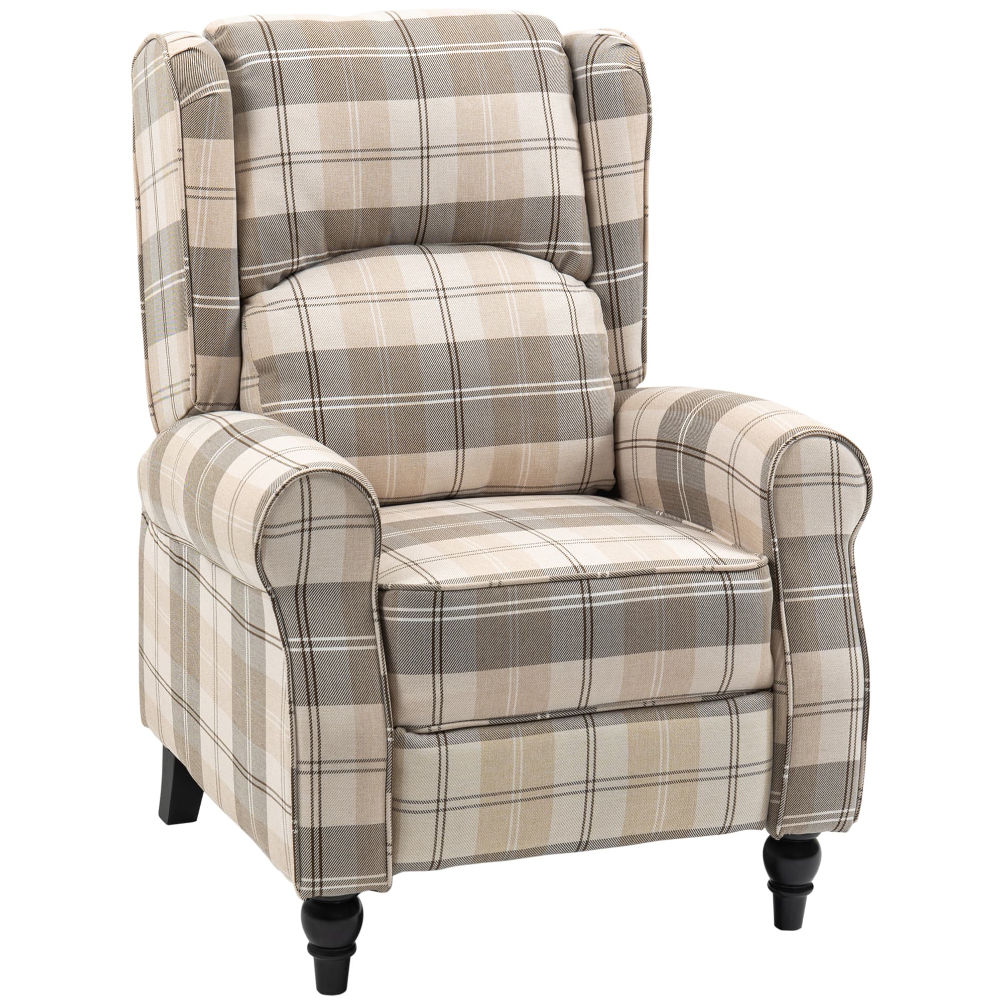 HOMCOM Wingback Recliner Armchair for Living Room, Anti-Cat-Scratch Reclining Chair with Round Armrests, Footrest and Rubber Wood Legs, Khaki | Aosom UK