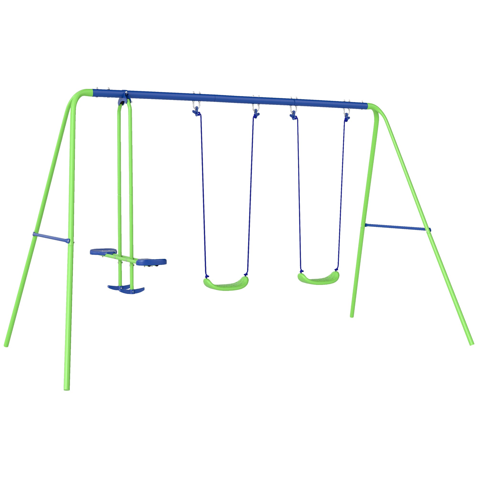 Outsunny Metal Swings & Seesaw Set Double Seats with a Height Adjustable Children Outdoor Backyard Play Set for Toddlers Over 3 Years Old, Green