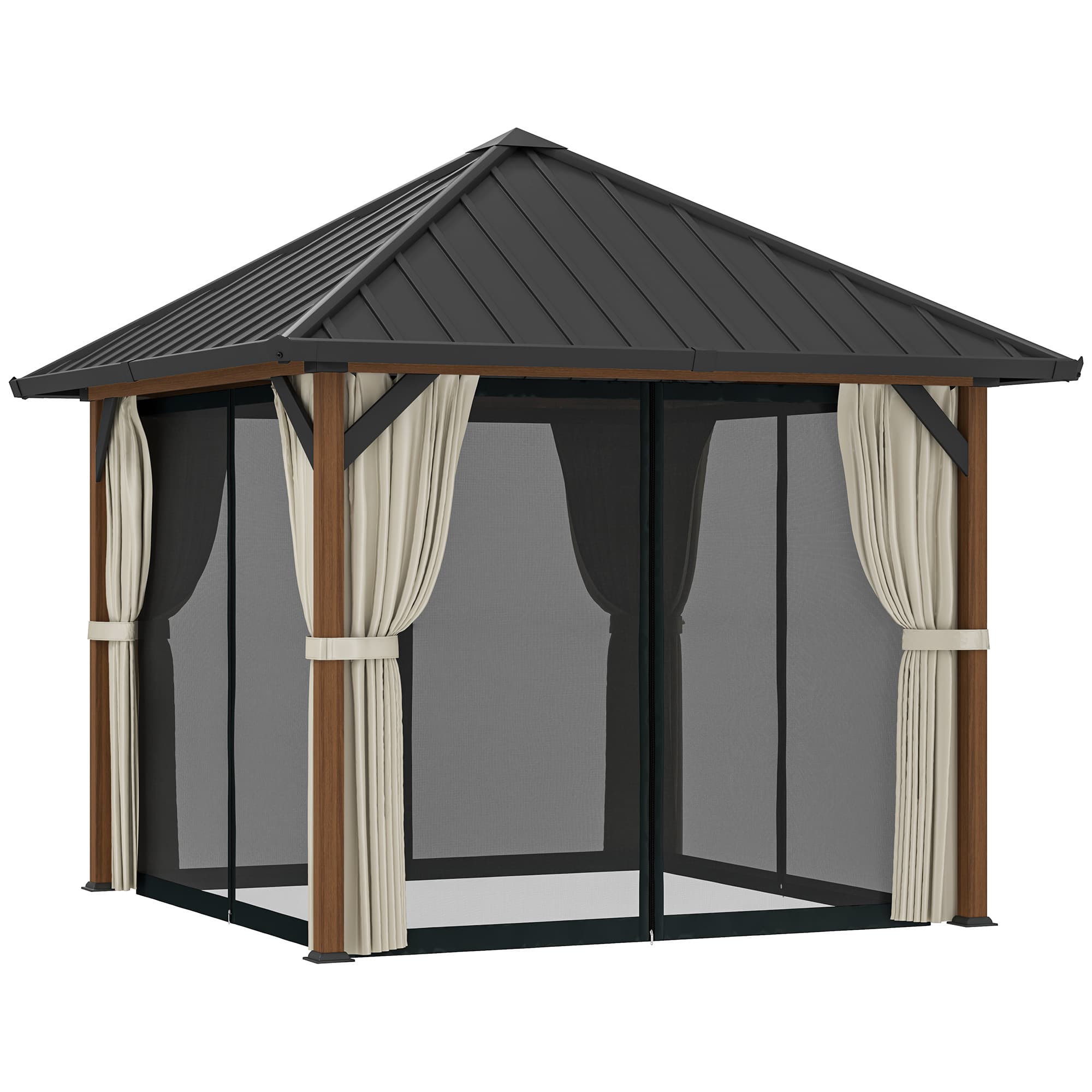 Outsunny 3 x 3(m) Hardtop Gazebo with Galvanised Steel Roof and Water Gutter, Waterproof Permanent Pavilion Garden Gazebo for Patio, Deck, Walnut