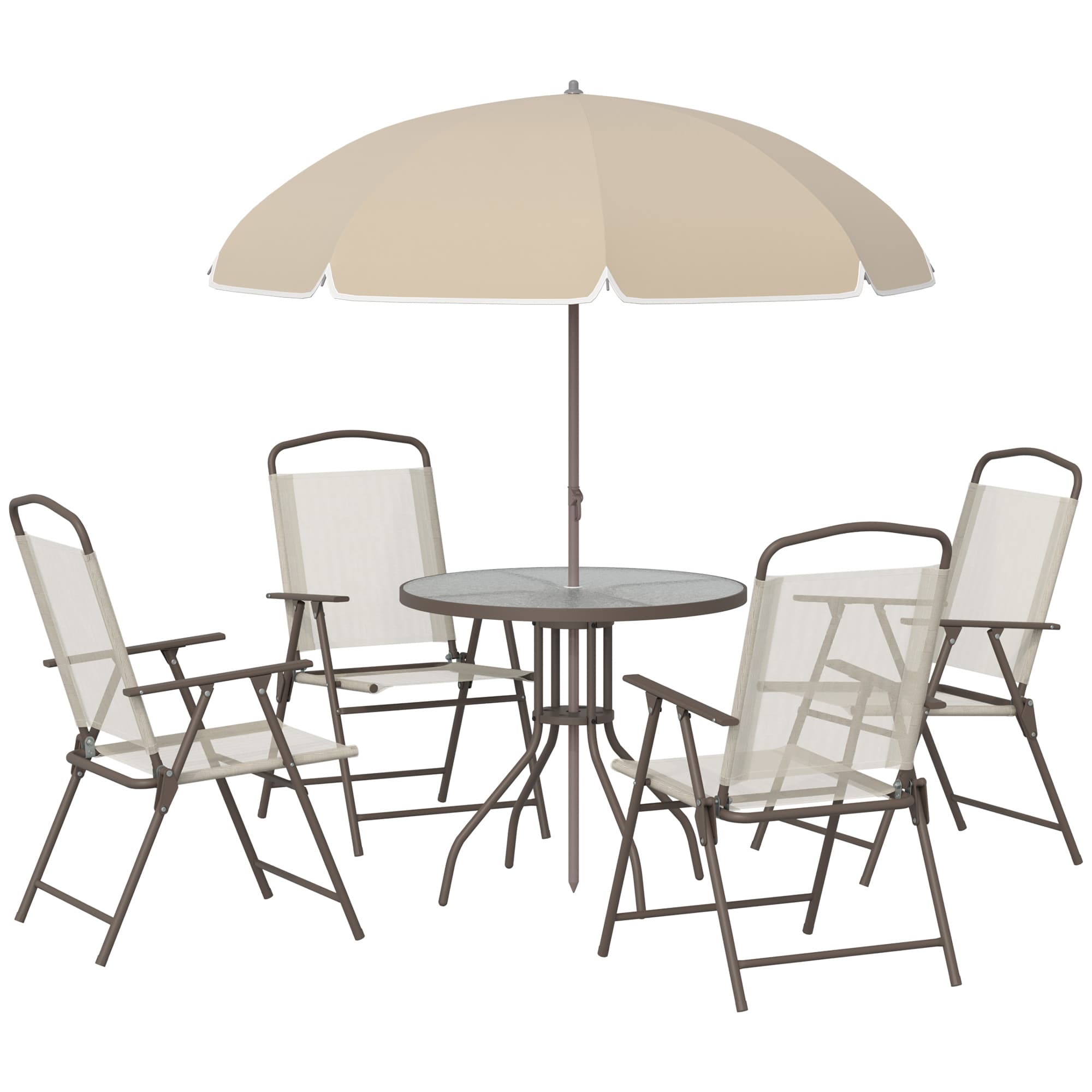 Outsunny Garden Patio Texteline Folding Chairs Plus Table and Parasol Furniture Bistro Set - Beige (6-Piece)