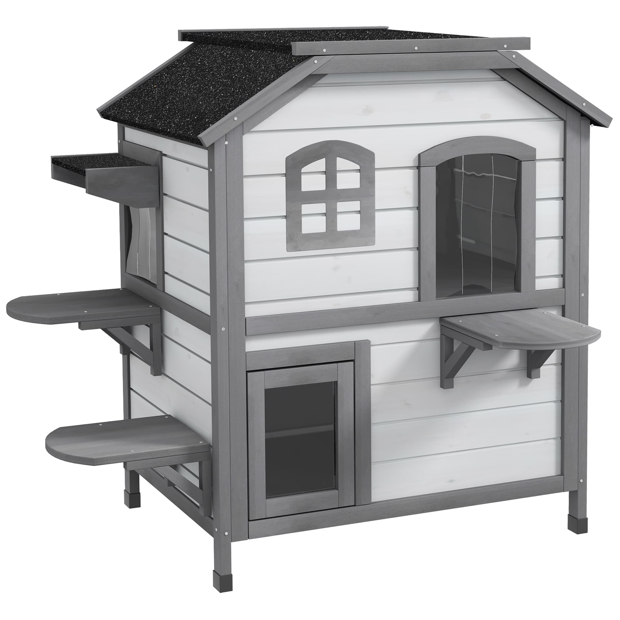PawHut 2-Storey Indoor or Outdoor Wooden Cat Enclosure Kitty Shelter with Escape Door, Openable Weatherproof & Waterproof Roof, White | Aosom UK