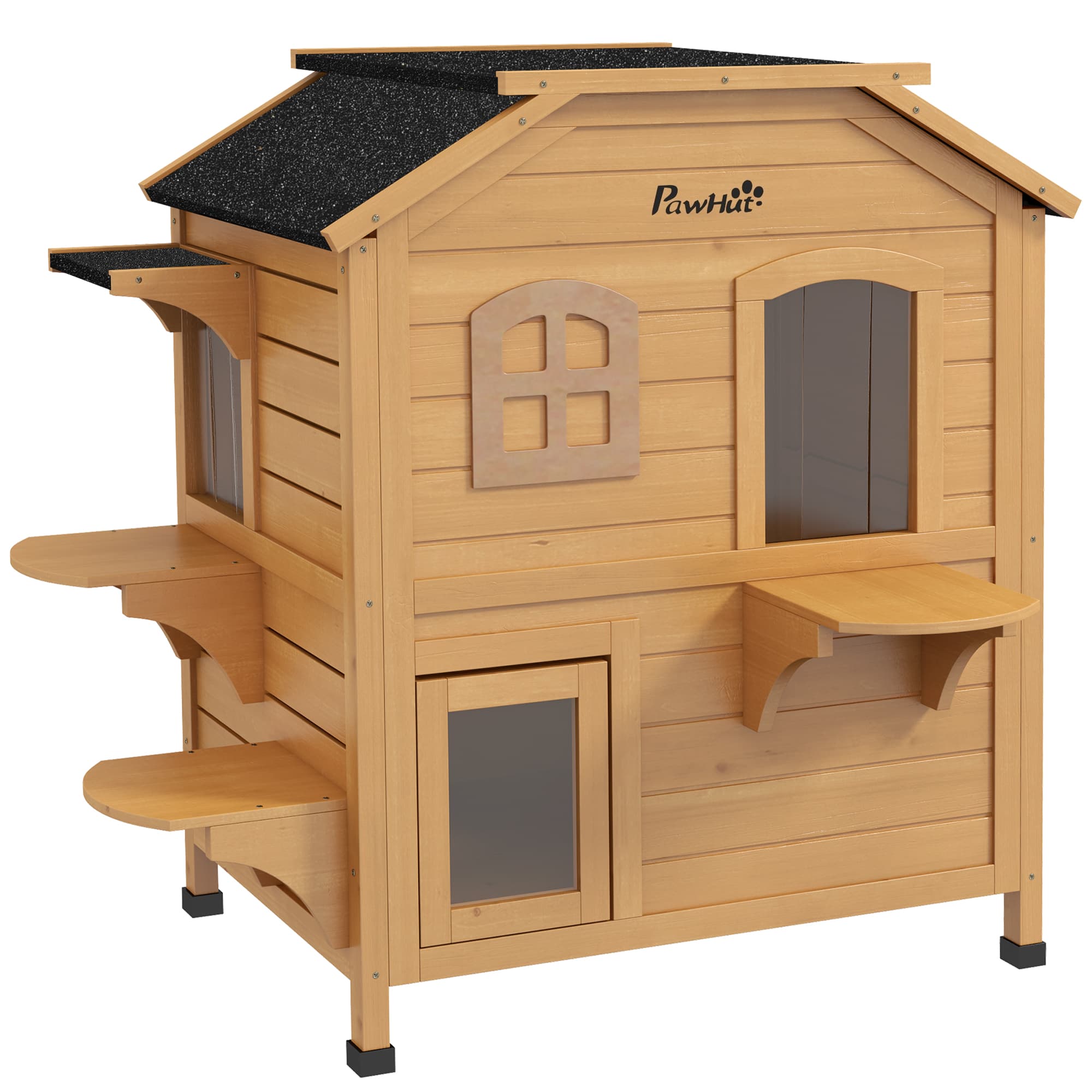 PawHut Wooden Cat House Condos Cat Cave Pet Shelter 2 Floor Villa Outdoor Furniture Natural Wood Finish | Aosom UK