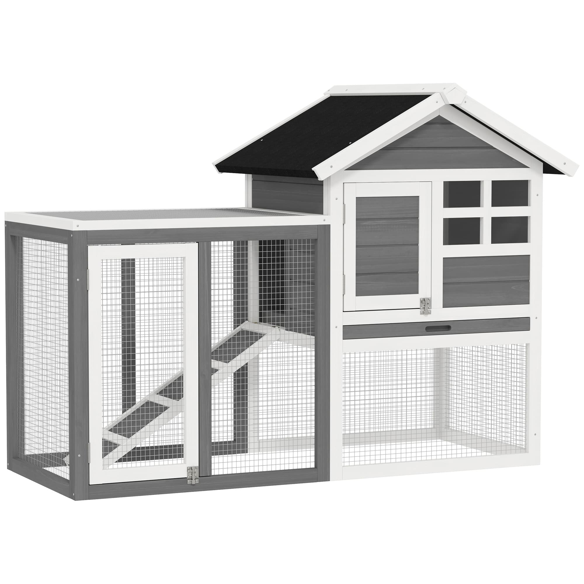 PawHut 2 Tier Wooden Rabbit Guinea Pig Hutch Guinea Pig Cage Bunny Cage Pull Out Tray Small Animal House w/ Ramp 122 x 62.6 x 92 cm