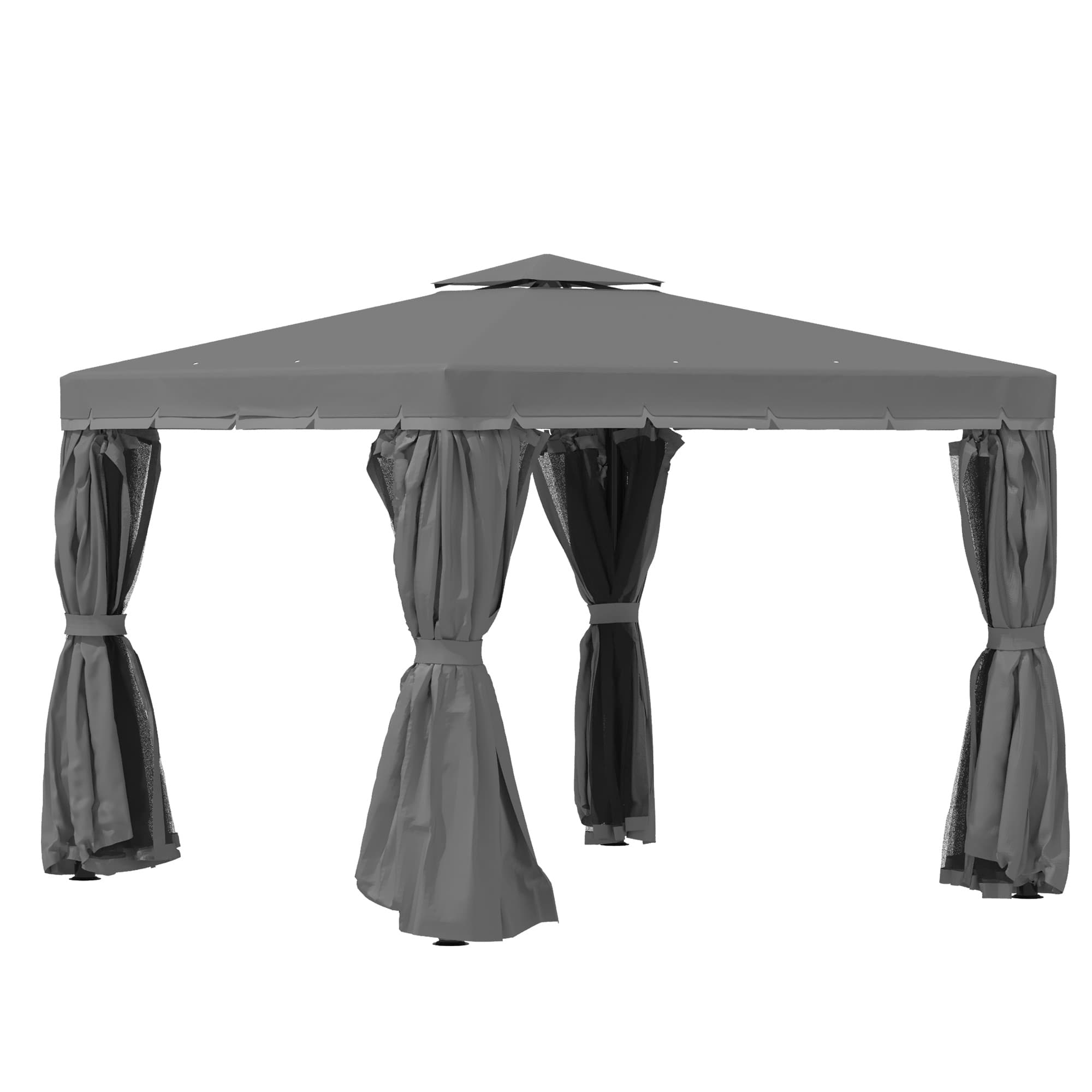 Outsunny 3 x 3m Curtained Gazebo, Outdoor Pergola with Water Repellent Roof, Curtains and Mosquito Netting, Dark Grey | Aosom UK
