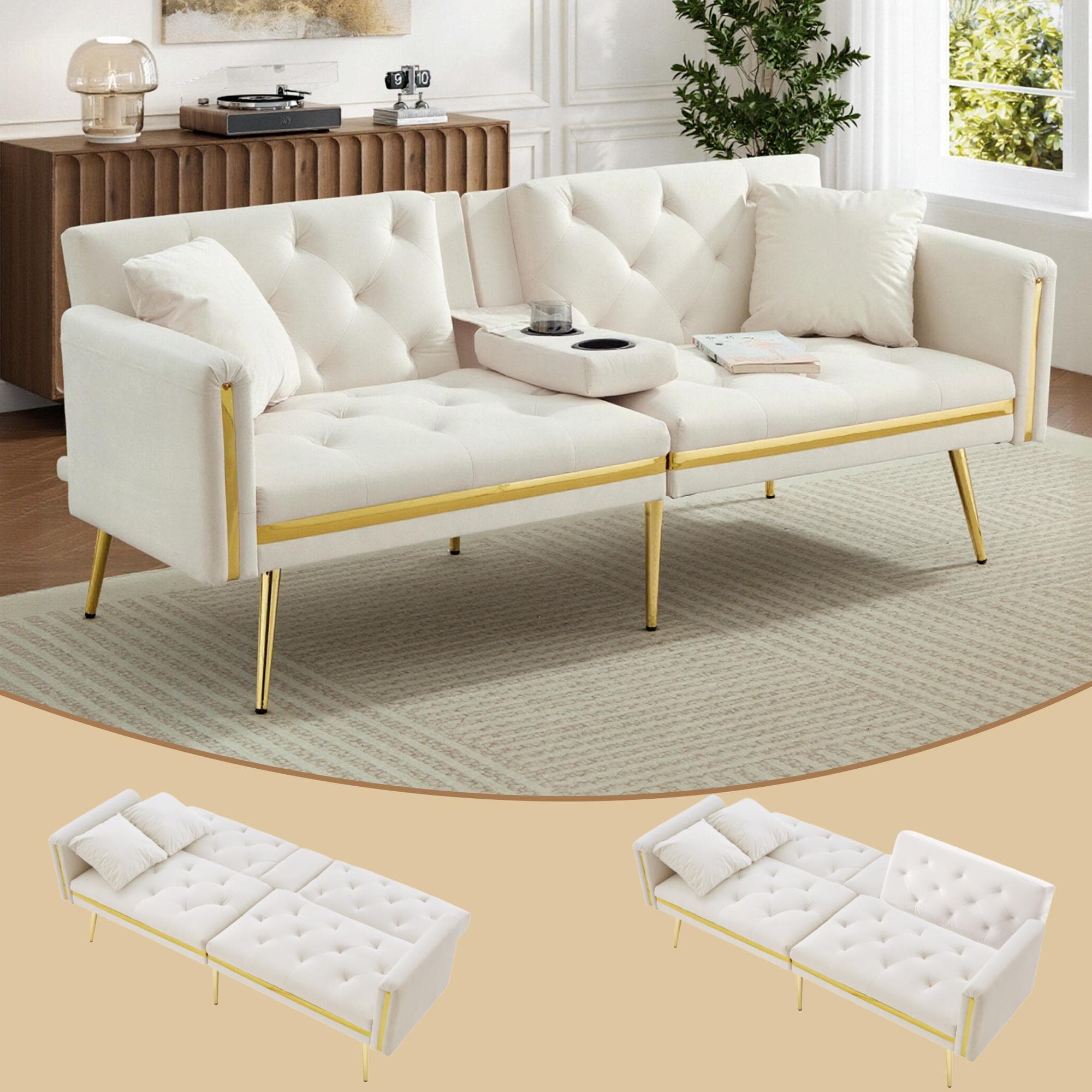 Two-seater Sofa Bed with 3-Position Adjustable Backrest, Concealed Cup Holders, Daybed for Compact Room, 174L x 76W x 71.5H cm, White | Aosom UK