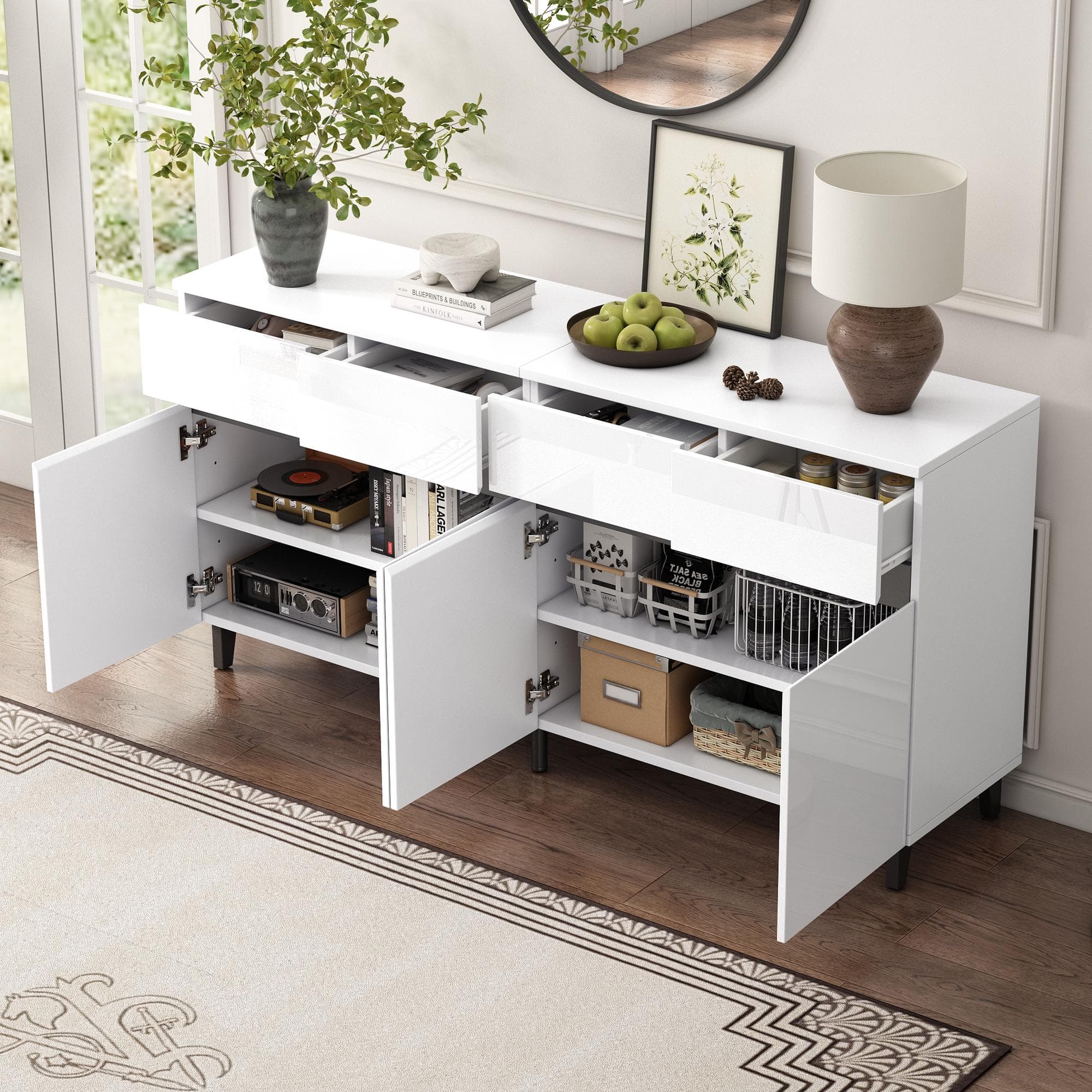 Storage Cabinet with High-goss 4-Door, 4-Drawer and Soft-close Hinges, Sideboard with Adjustable Shelves, 160L x 40W x 68H cm, White | Aosom UK