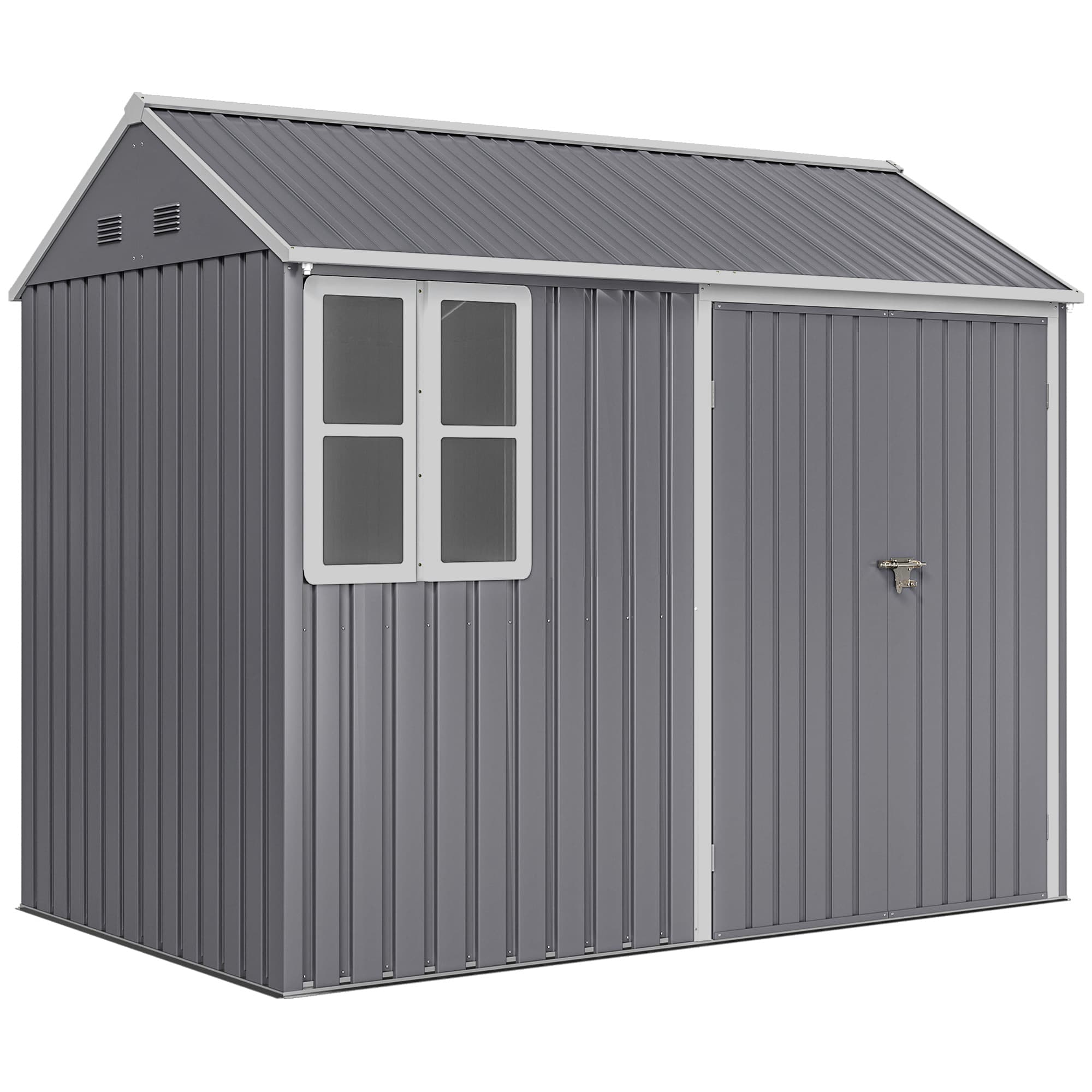 Outsunny 8 x 6 ft Galvanised Garden Shed, Outsoor Metal Storage Shed with Double Doors Window Air Vents for Patio, Lawn, Grey | Aosom UK