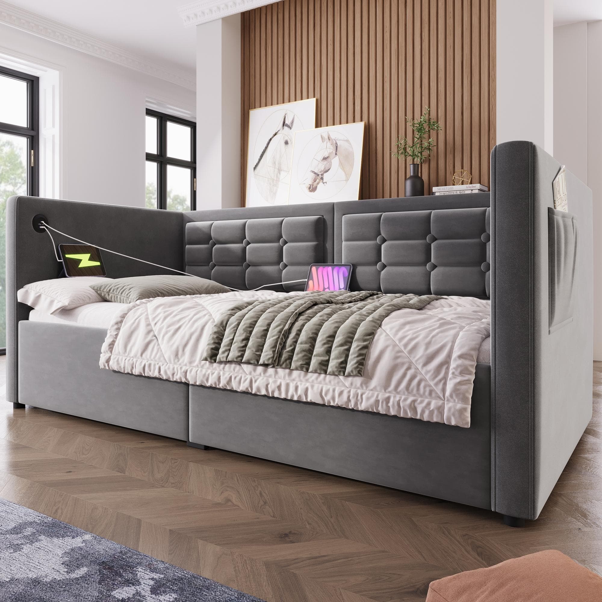 3ft Single Sofa Bed with Hydraulic Under-bed Storage and Side Pockets, Daybed with Type-C Charging Station, 205L x 106W x 75H cm, Grey | Aosom UK