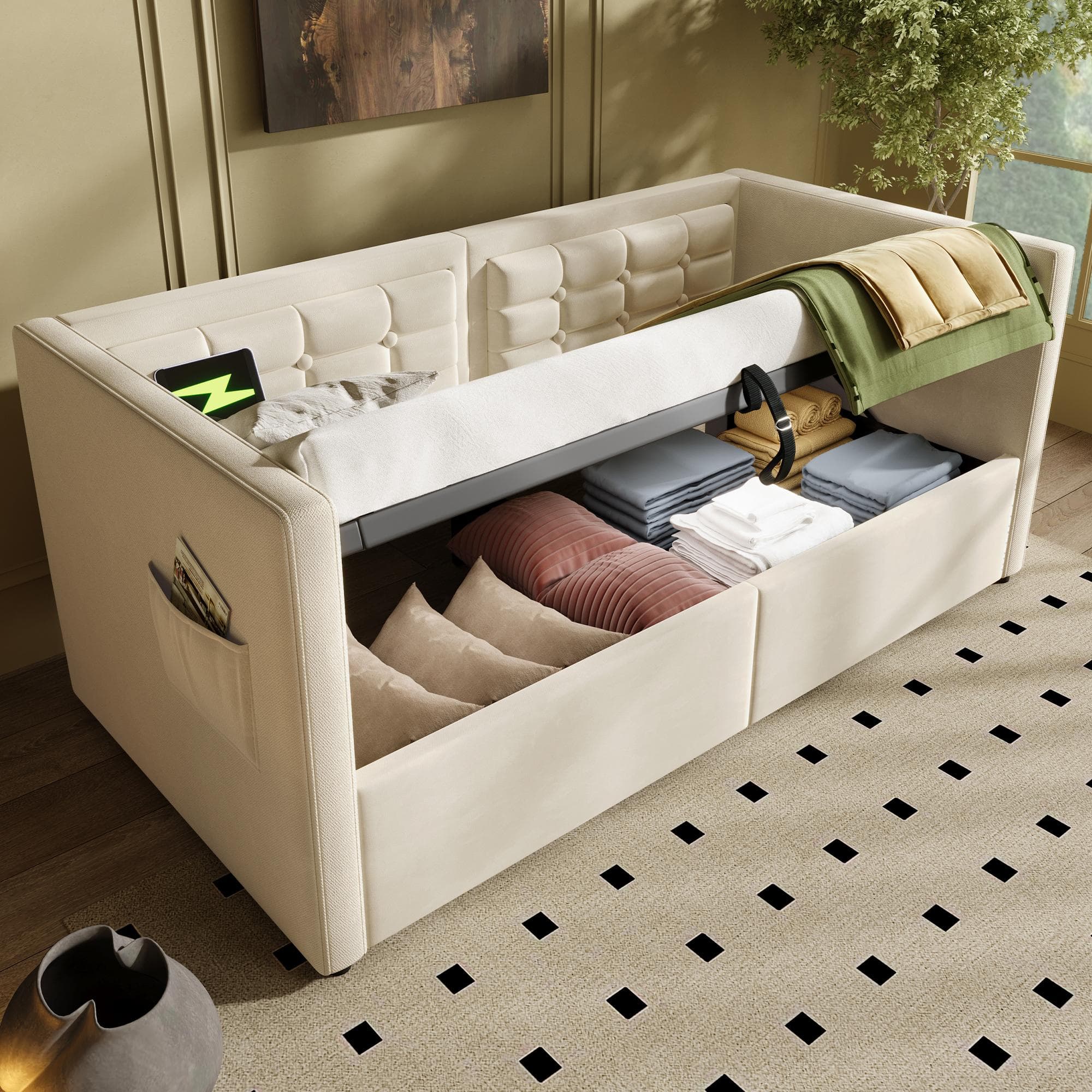 3ft Upholstered Single Sofa Bed with USB and Type-C Charging Station, Under-bed Storage with Side Pockets, 205L x 106W x 75H cm, Beige | Aosom UK