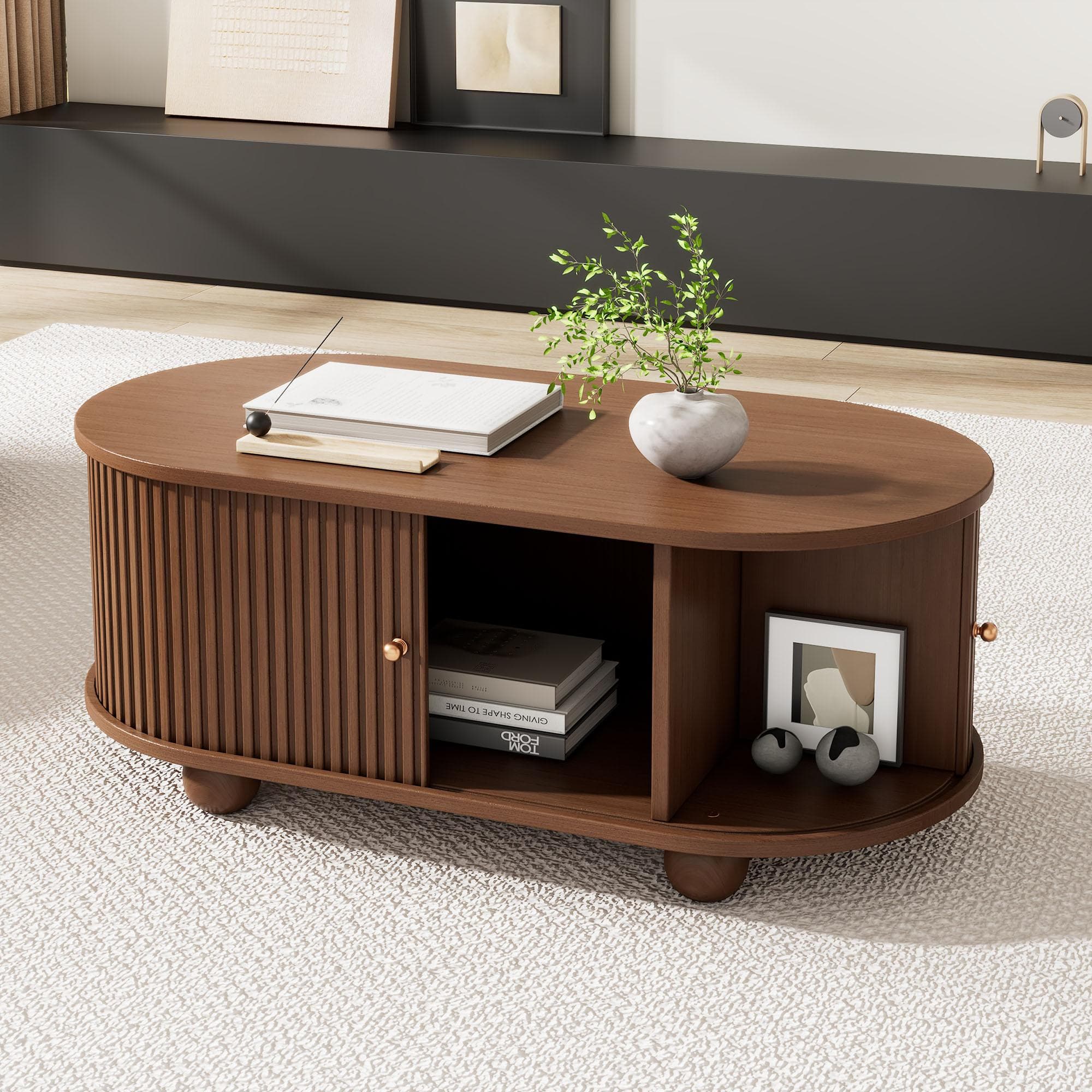 Oval Coffee Table with 2 Sliding Doors, Centre Compartment, Rounded Corners, Desk with Fingerprint‑resistant MDF, 100L x 50W x 40H cm, Oak | Aosom UK