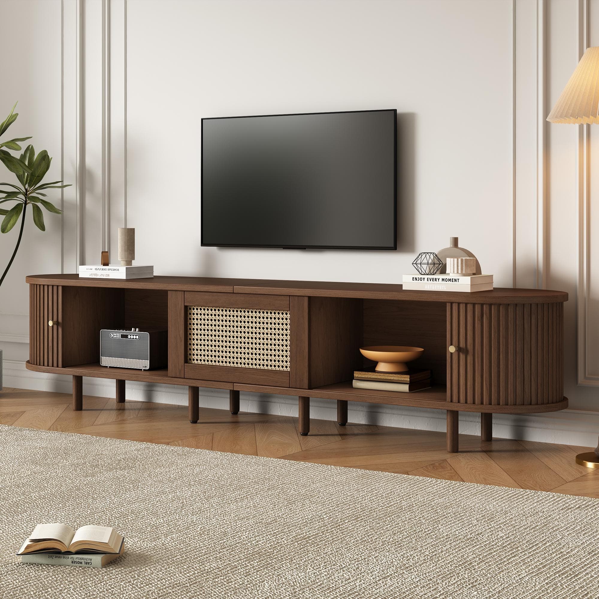 Oval TV Unit with Rattan Drawer and 2 Sliding Doors, Rounded Corner Sideboard,TV Stand Suitable for 70-inch TV, 180L x 40W x 40H cm, Oak | Aosom UK