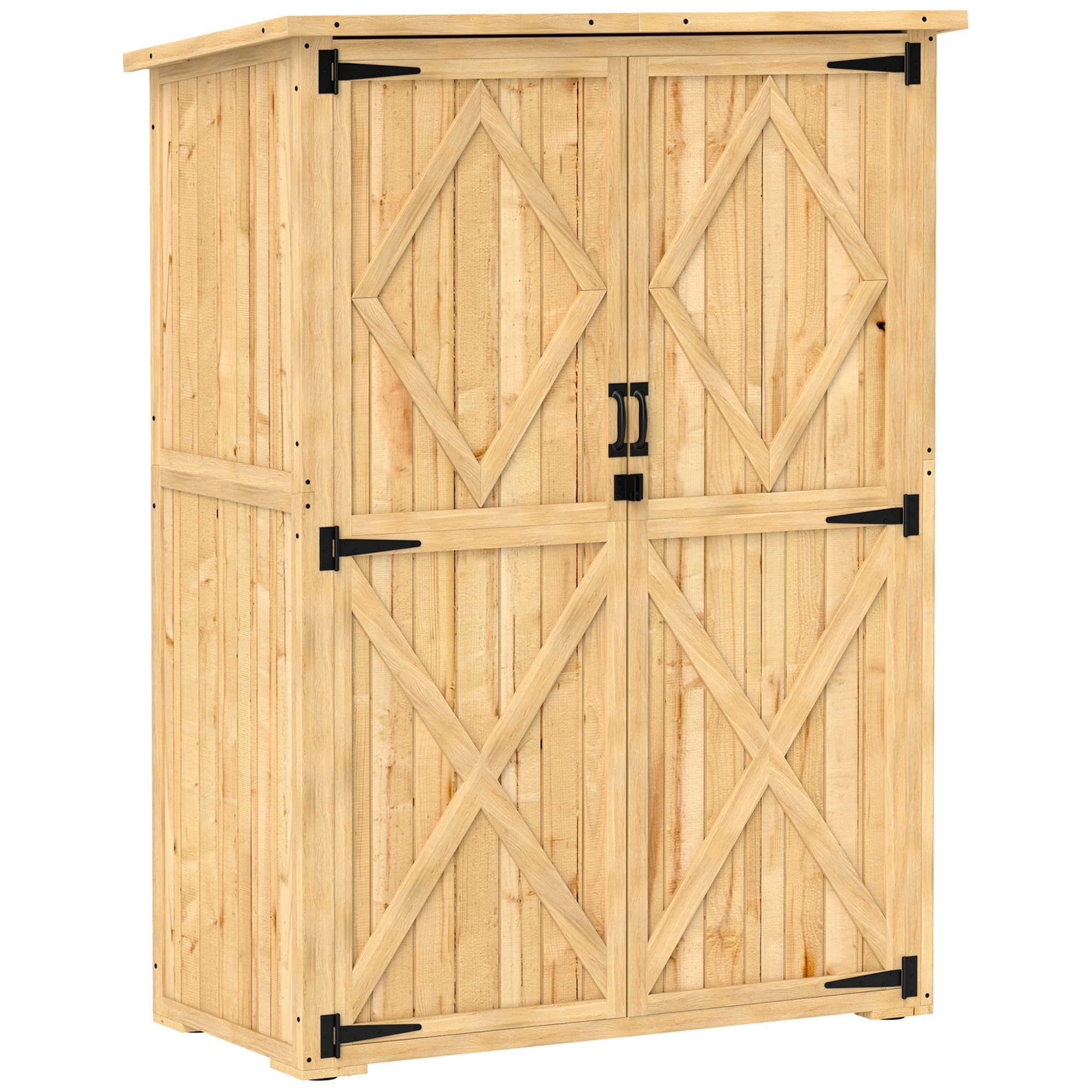 Outsunny Wooden Garden Storage Shed, Tool Storage Cabinet with Asphalt Roof and 2 Shelves for Garden Tools, Equipment, Outdoor Tool Shed with Double Doors, Natural