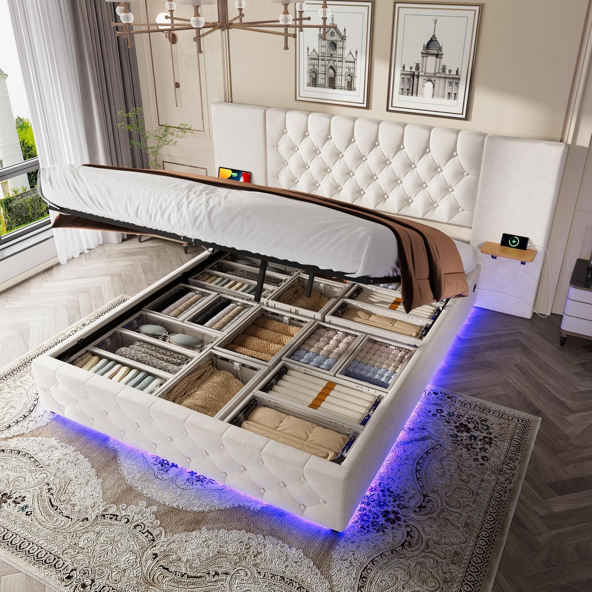 Modern Bed Frame with Wide Button-Tufted Headboard, Integrated LED Lighting, Bed Base with USB-C Ports, 209L x 221W x 103H cm, Beige | Aosom UK