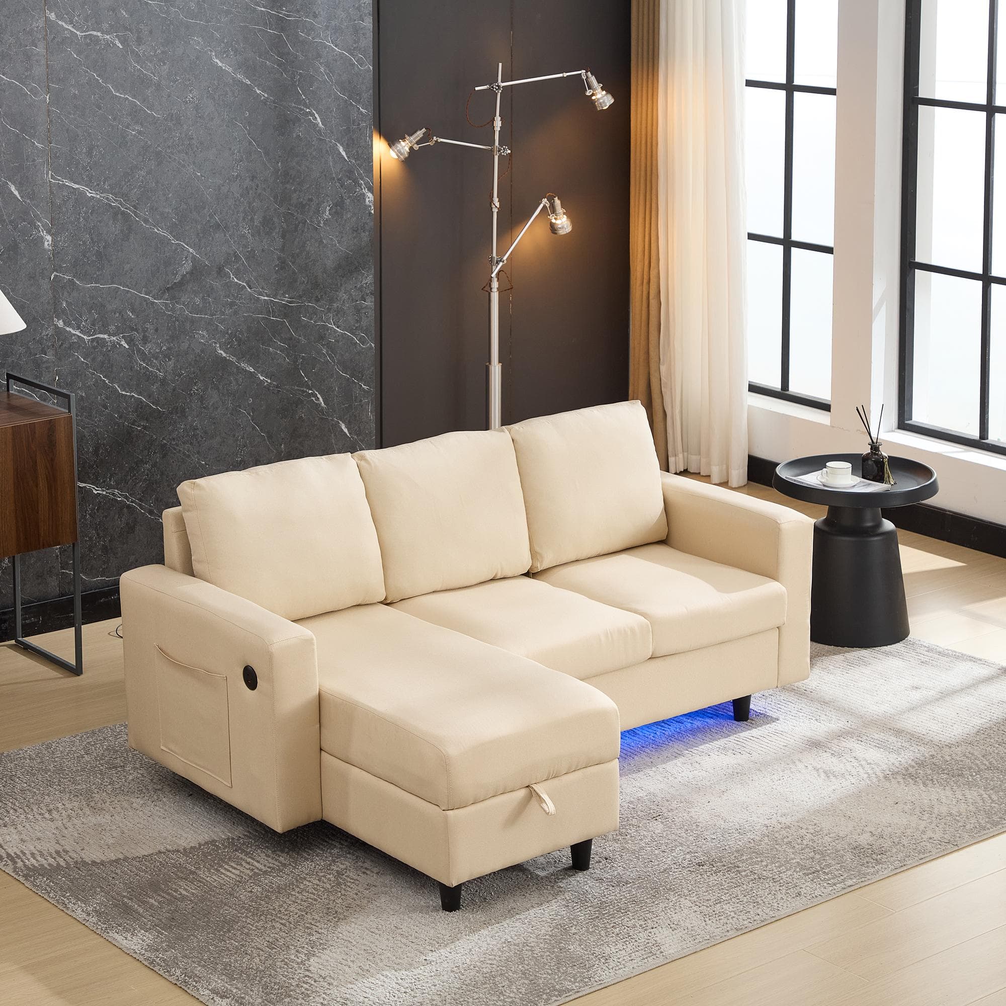 L-Shaped 3 Seater Couch Sofa with Reversible Chaise, Type-C Charging, Convertible Sleeper for Living Room, 180x120x72 cm, Beige | Aosom UK