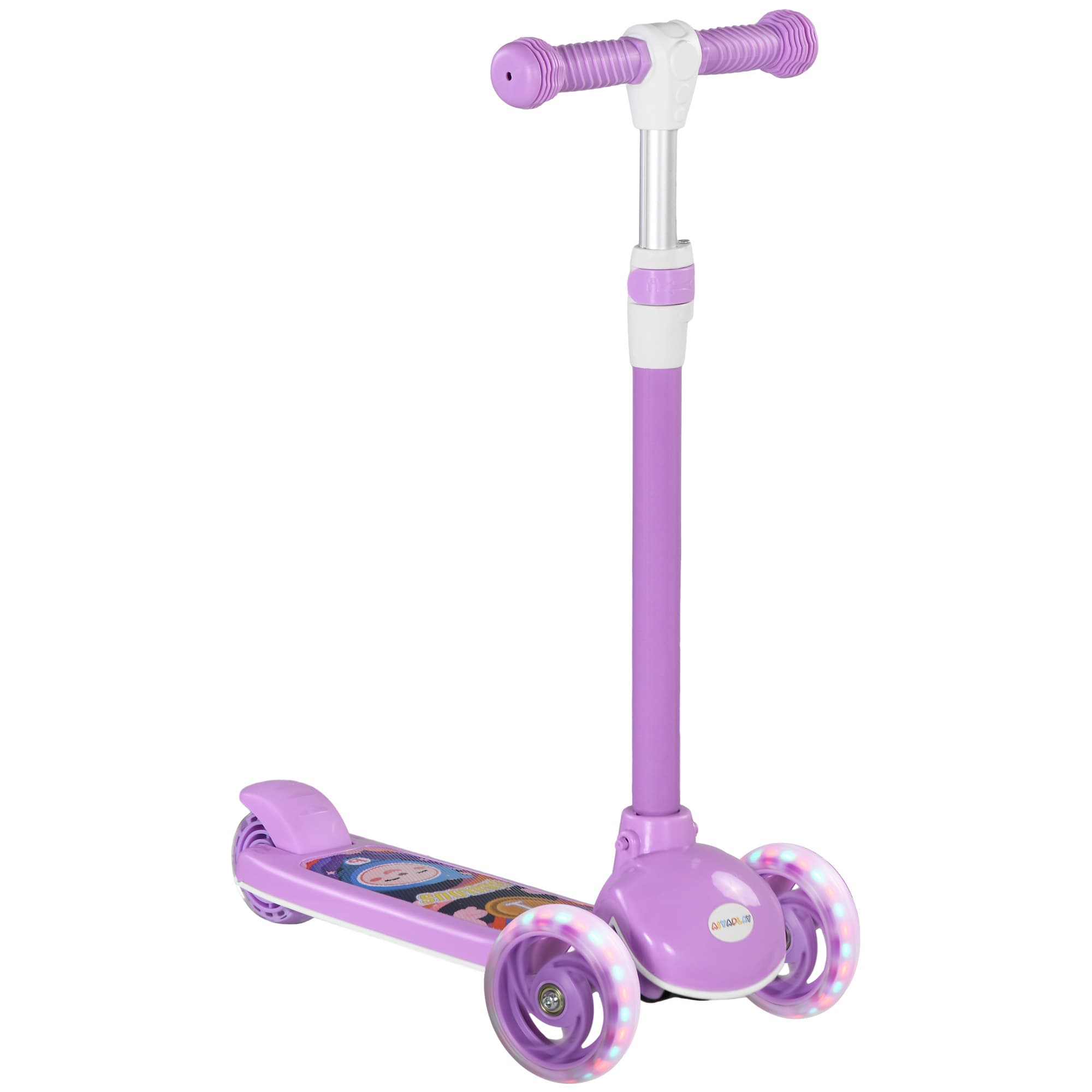 AIYAPLAY Kids 3 Wheel Scooter for 2-6 Years Old w/ Adjustable Height, LED Light, TPE Handlebar, Purple | Aosom UK